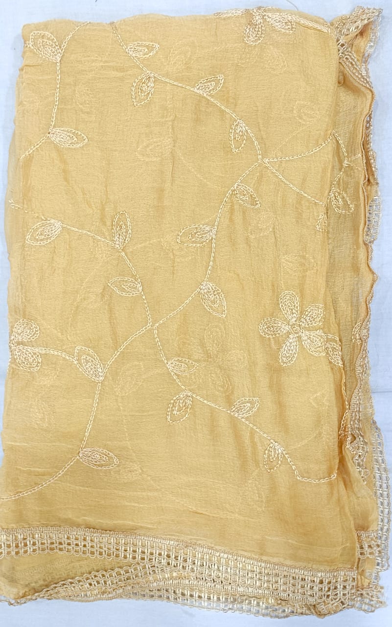 Beige Chiffon Embroidered Dupatta with Lace Border – Elegant Lightweight Designer Dupatta (2.25 Meters)