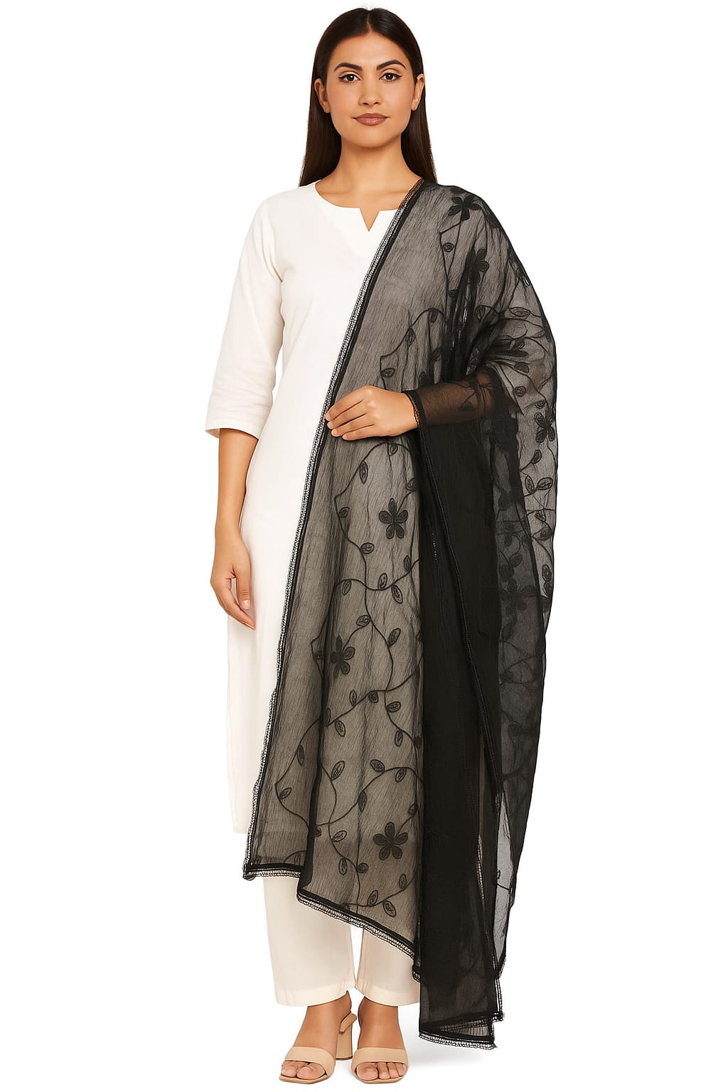 Black Chiffon Embroidered Dupatta – Elegant Floral Embroidery Lightweight Designer Dupatta (2.25 Meters)