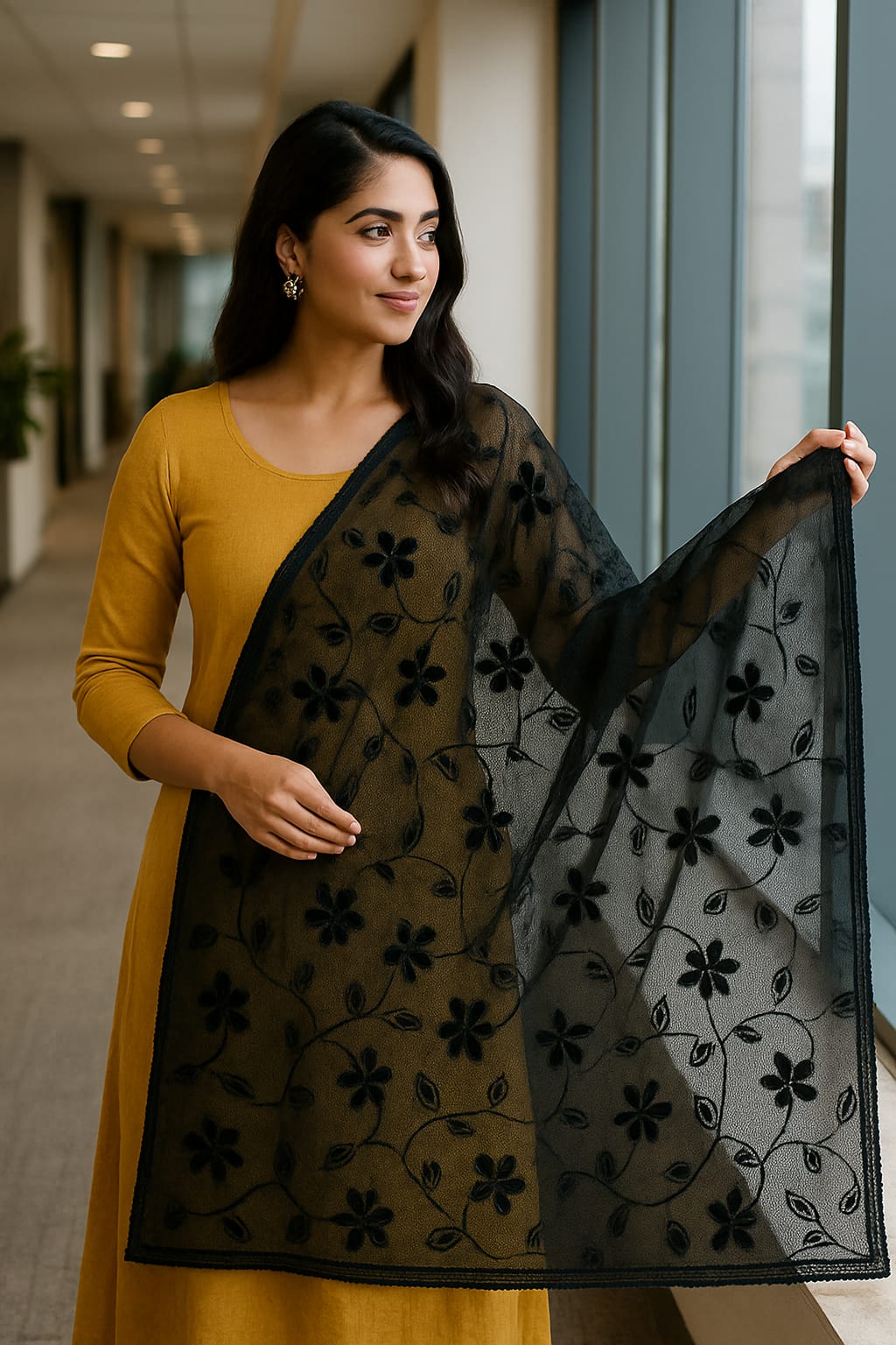 Black Chiffon Embroidered Dupatta – Elegant Floral Embroidery Lightweight Designer Dupatta (2.25 Meters)