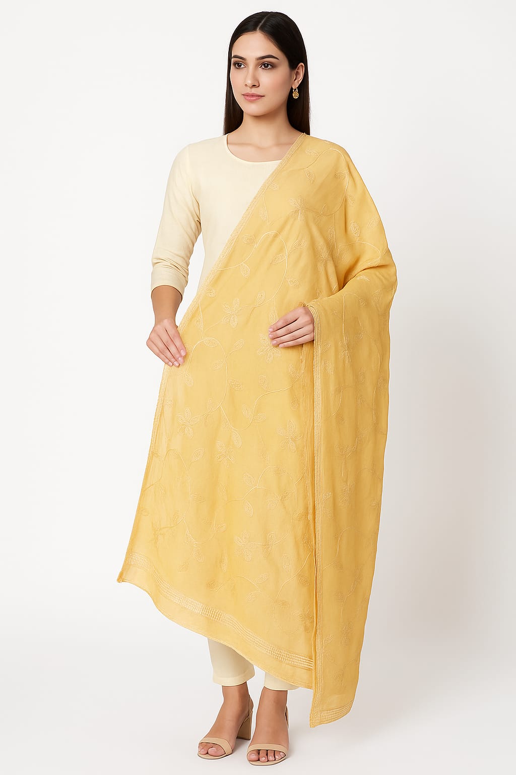 Beige Chiffon Embroidered Dupatta with Lace Border – Elegant Lightweight Designer Dupatta (2.25 Meters)