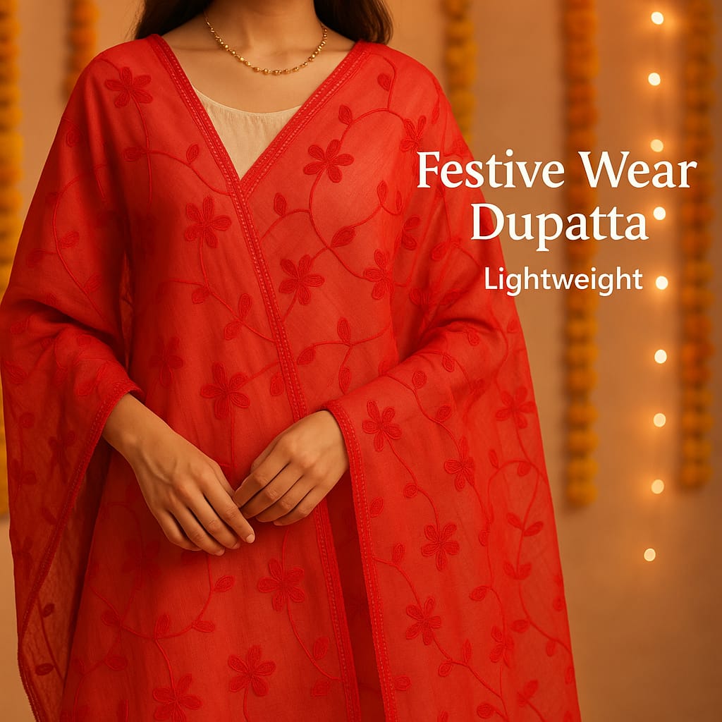 Phulkarigiri Multicolour Phulkari Dupatta with Mirror Work – Chinon Silk Ethnic Dupatta with Four Side Tissue Border