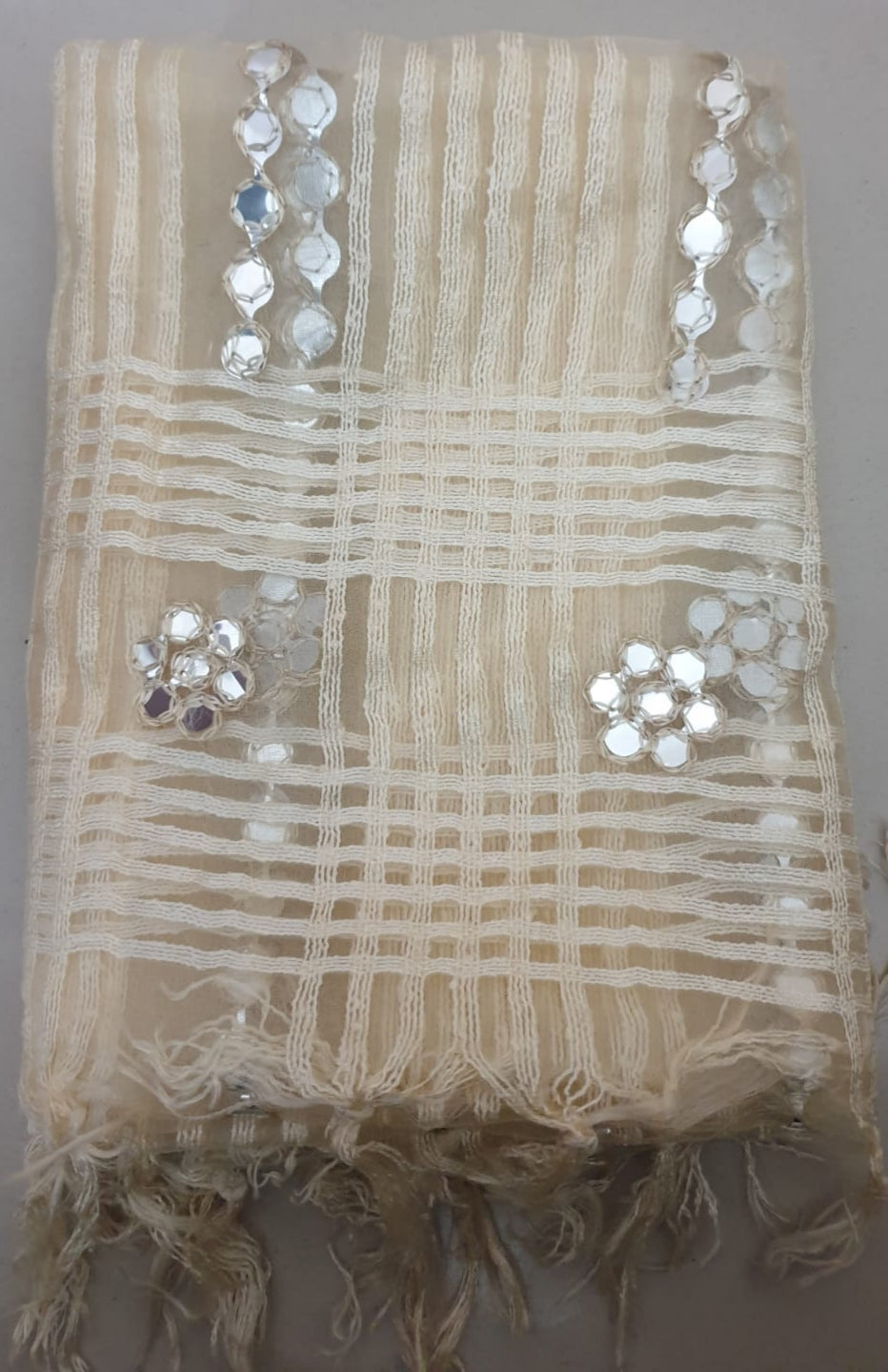 Beige Organza Mirror Work Dupatta with Tassels – Lightweight 2.25 Meter