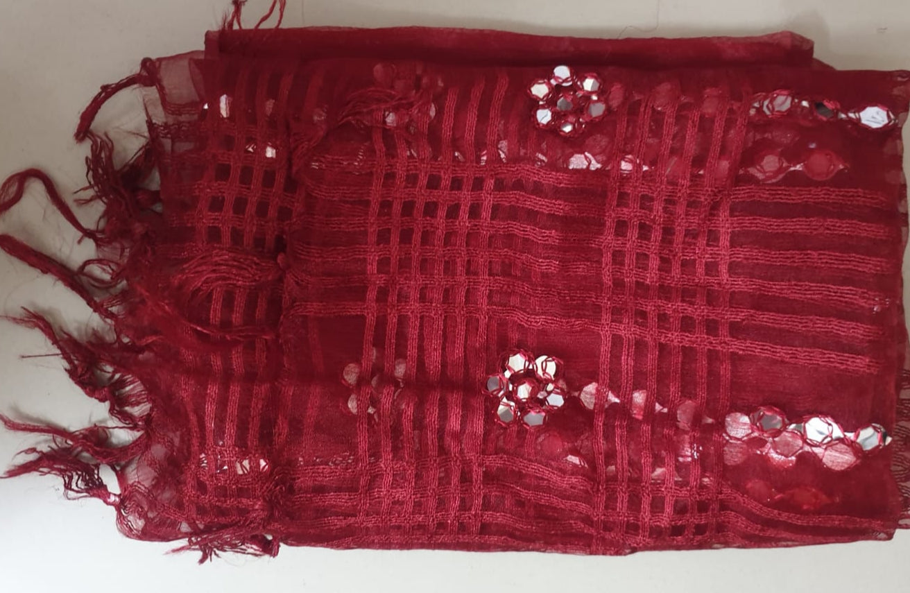 Maroon Organza Mirror Work Dupatta with Tassels – Lightweight Elegant Party Wear Dupatta (2.25 Meters) Product Description