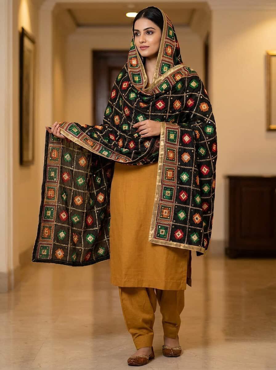 Black Phulkari Dupatta with Mirror Work and Four Side Tissue Border – Chinon Silk Traditional Designer Dupatta (2.25 Meters)
