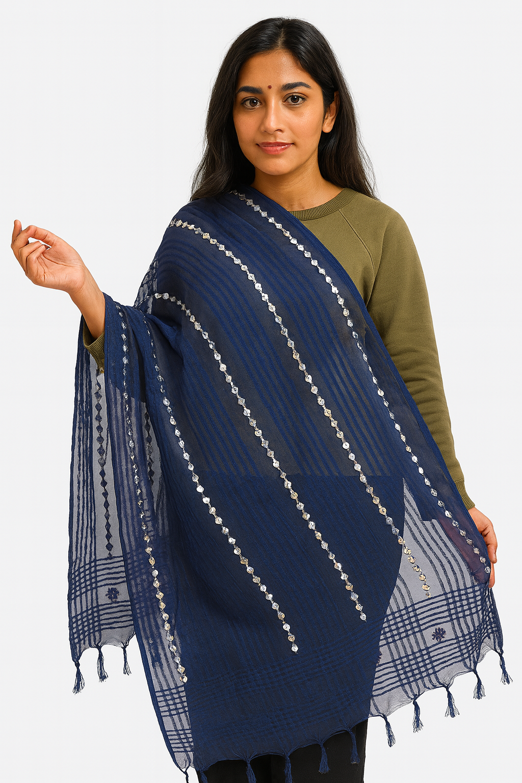 Royal Blue Organza Mirror Work Dupatta with Tassels – Lightweight 2.25 Meter