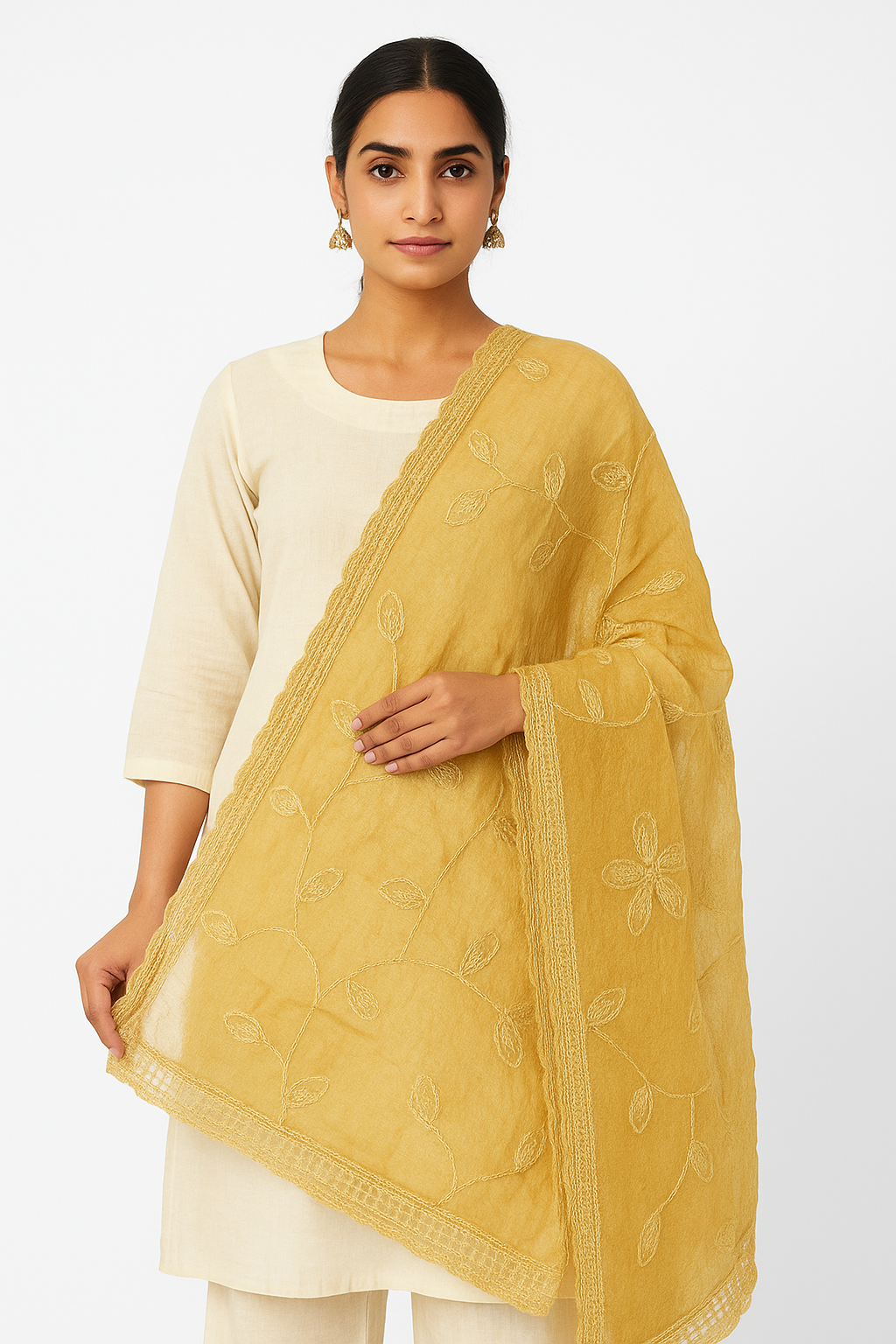 Beige Chiffon Embroidered Dupatta with Lace Border – Elegant Lightweight Designer Dupatta (2.25 Meters)