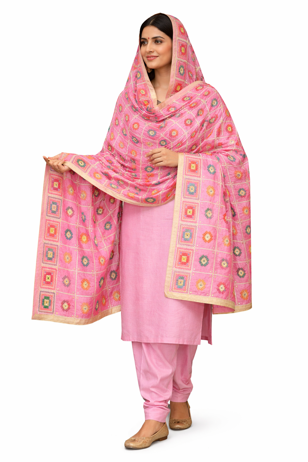 Pink Phulkari Dupatta with Multicolour Embroidery | Chinon Silk | Four Side Tissue | 2.25 Meters