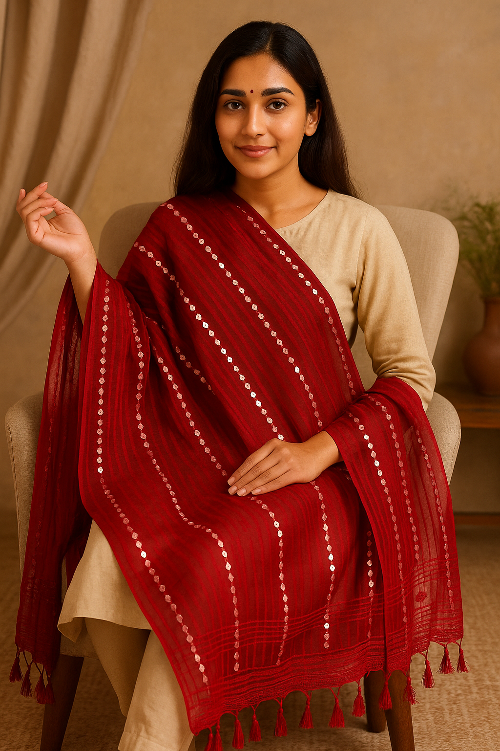 Maroon Organza Mirror Work Dupatta with Tassels – Lightweight Elegant Party Wear Dupatta (2.25 Meters) Product Description