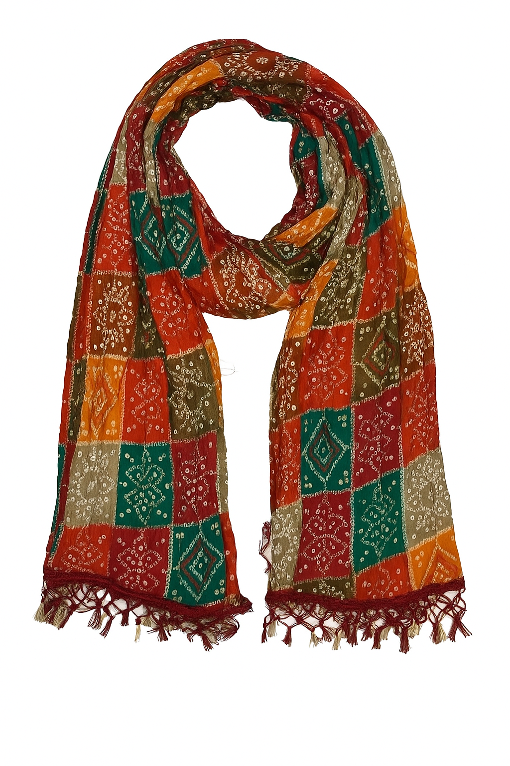 Multicolour Bandhani Printed Dupatta – Crushed Chinon Silk Lightweight Designer Dupatta (2.25 Meters)