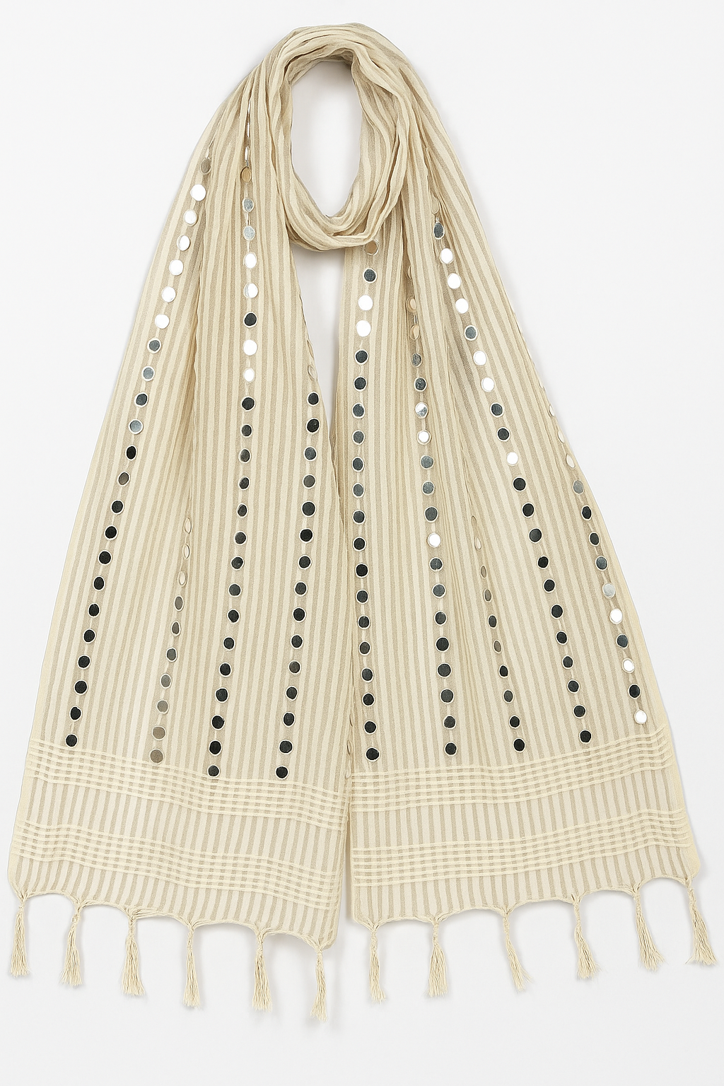 Beige Organza Mirror Work Dupatta with Tassels – Lightweight 2.25 Meter