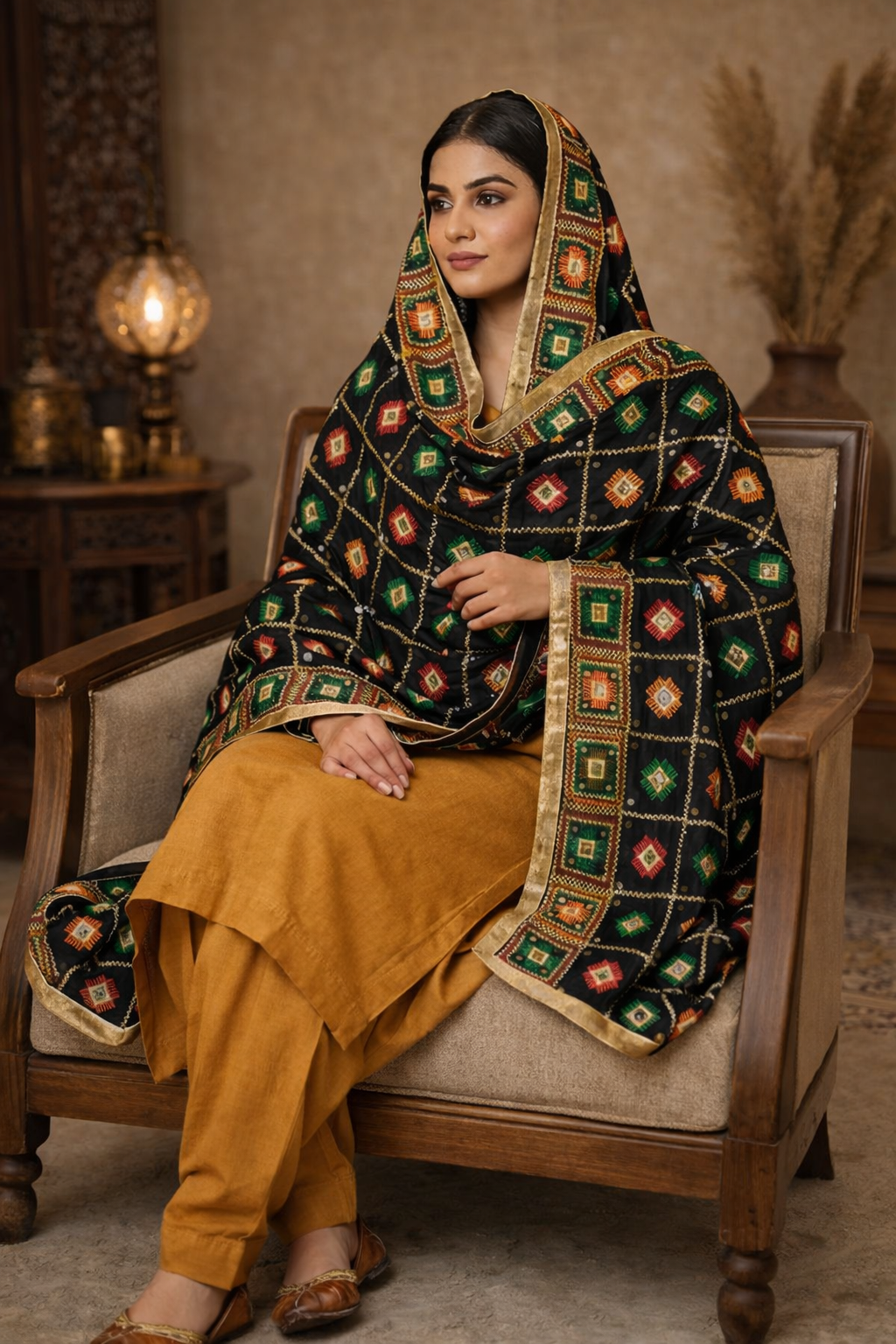 Black Phulkari Dupatta with Mirror Work and Four Side Tissue Border – Chinon Silk Traditional Designer Dupatta (2.25 Meters)