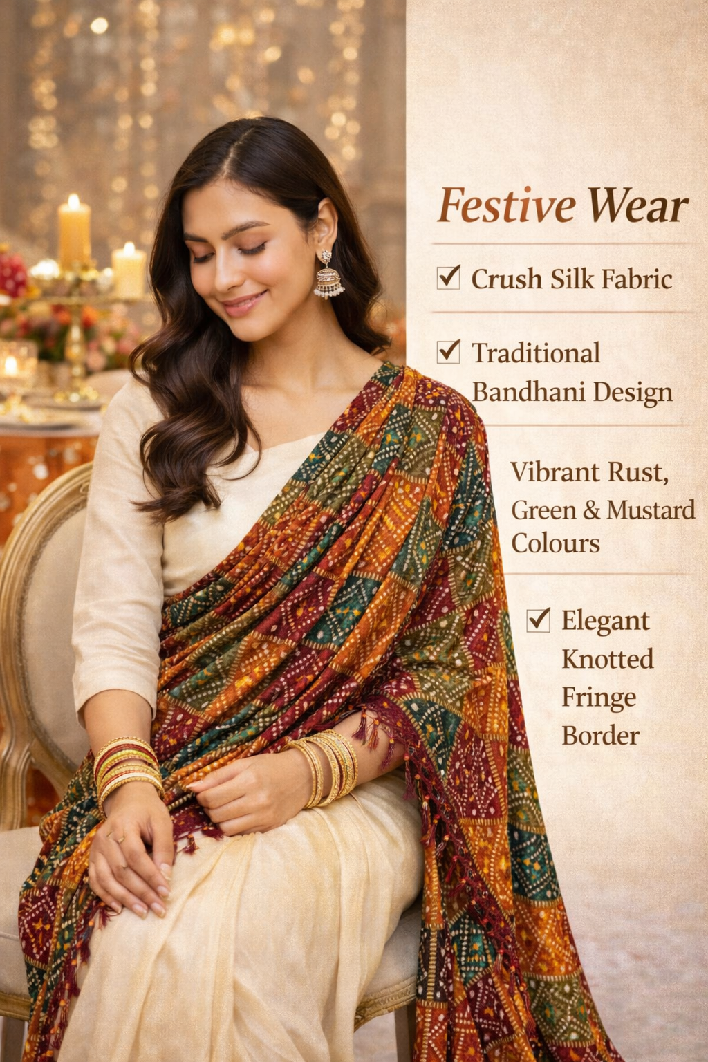 Multicolour Bandhani Printed Dupatta – Crushed Chinon Silk Lightweight Designer Dupatta (2.25 Meters)
