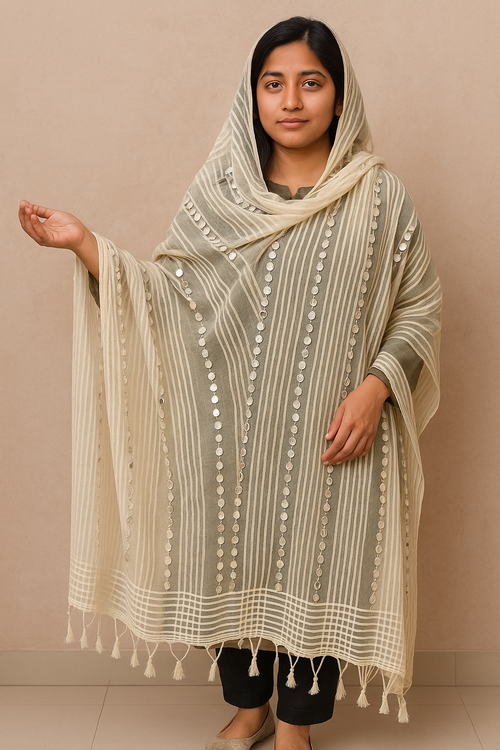 Beige Organza Mirror Work Dupatta with Tassels – Lightweight 2.25 Meter
