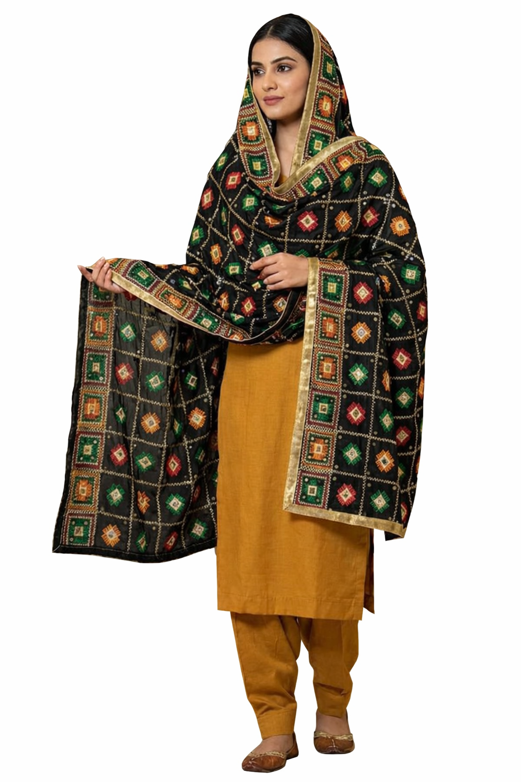 Black Phulkari Dupatta with Mirror Work and Four Side Tissue Border – Chinon Silk Traditional Designer Dupatta (2.25 Meters)