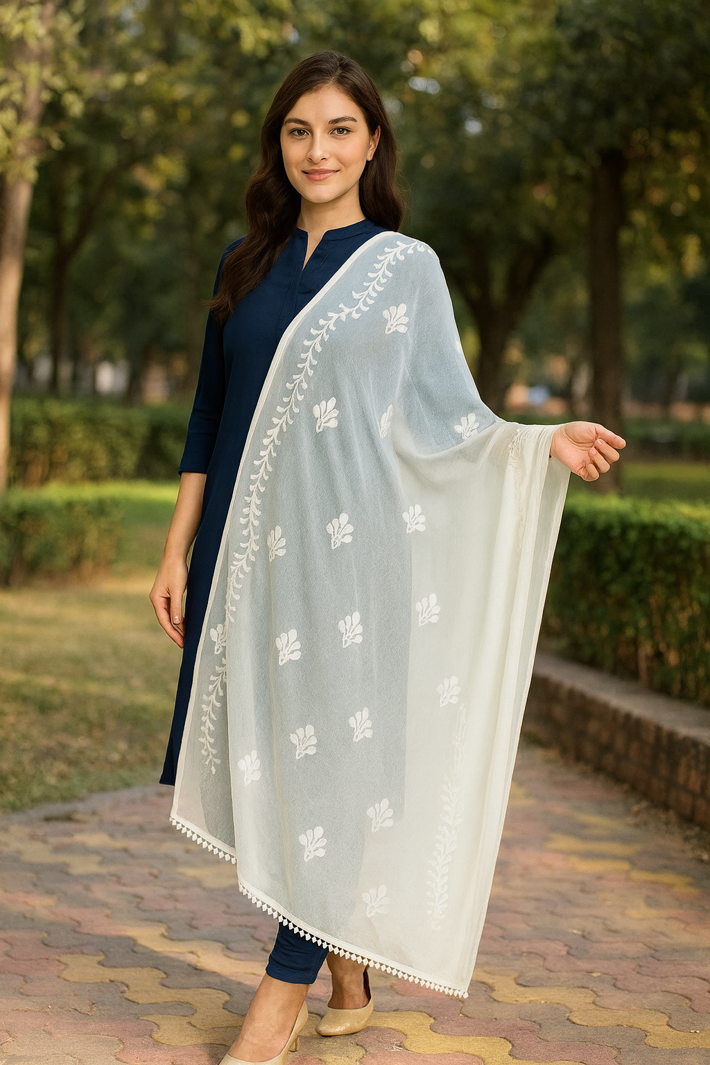 White Chiffon Embroidery Dupatta with Lace Work – 2.25 Meters