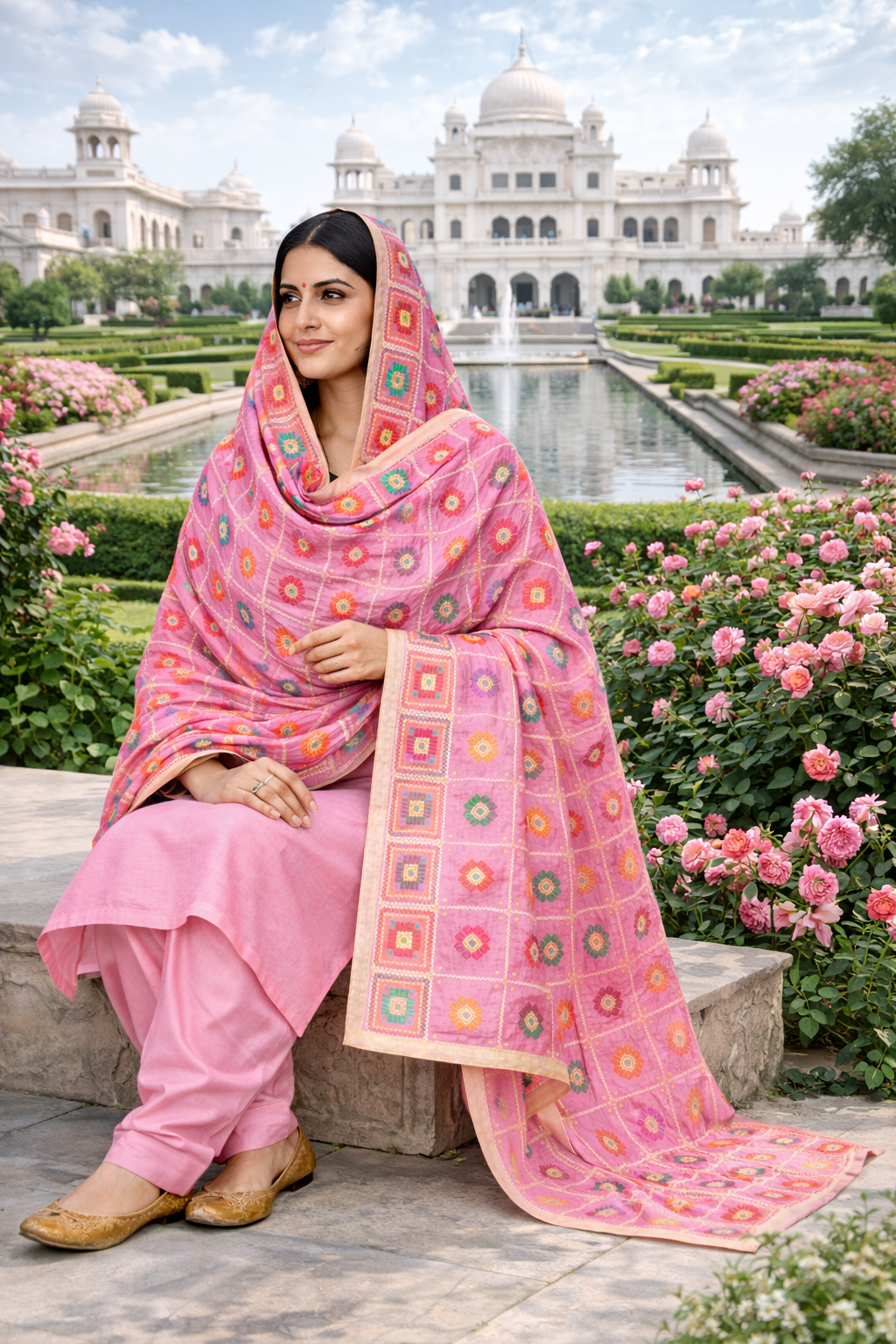 Pink Phulkari Dupatta with Multicolour Embroidery | Chinon Silk | Four Side Tissue | 2.25 Meters