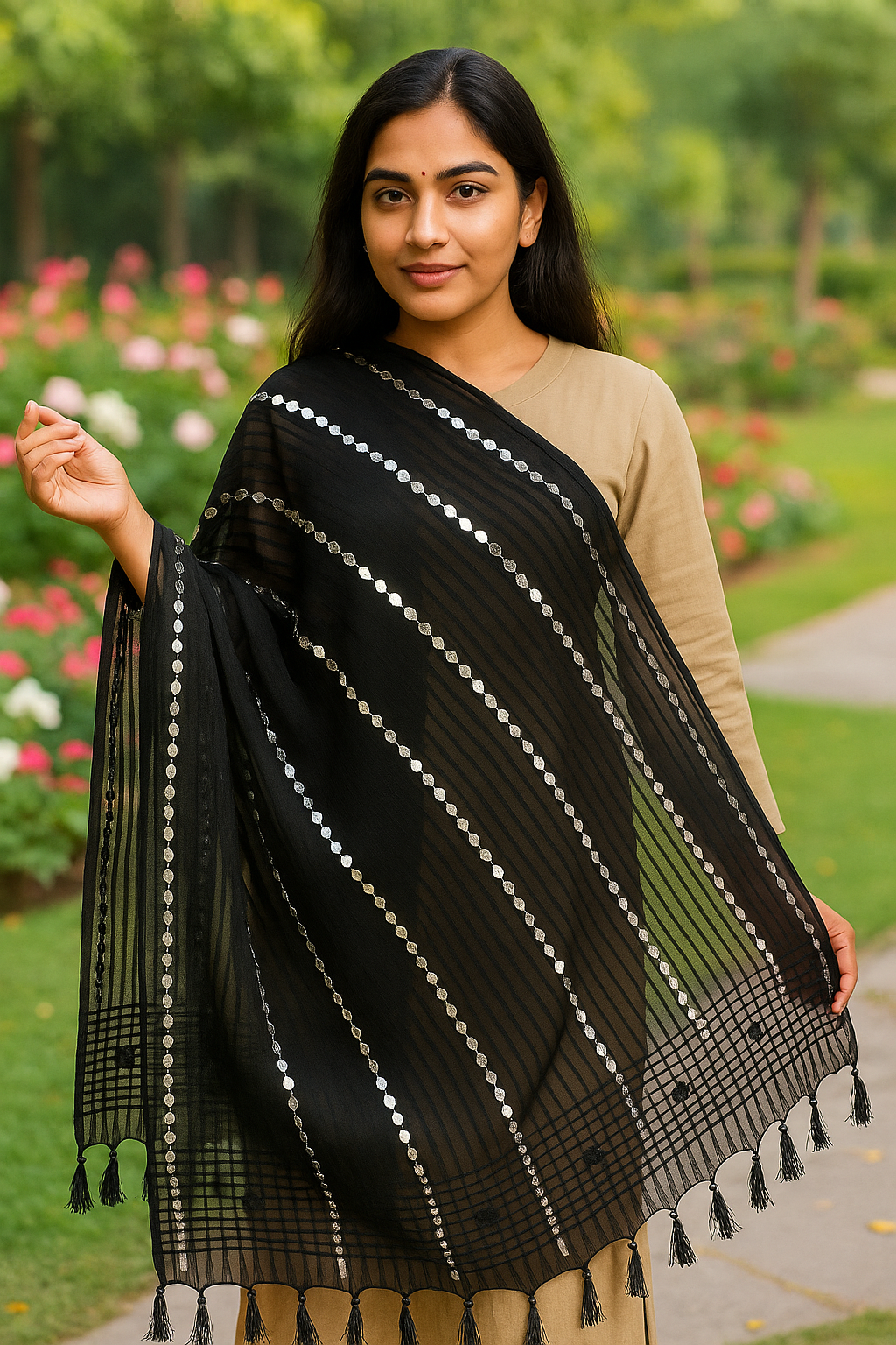 Black Organza Mirror Work Dupatta with Tassels – Lightweight 2.25 Meter