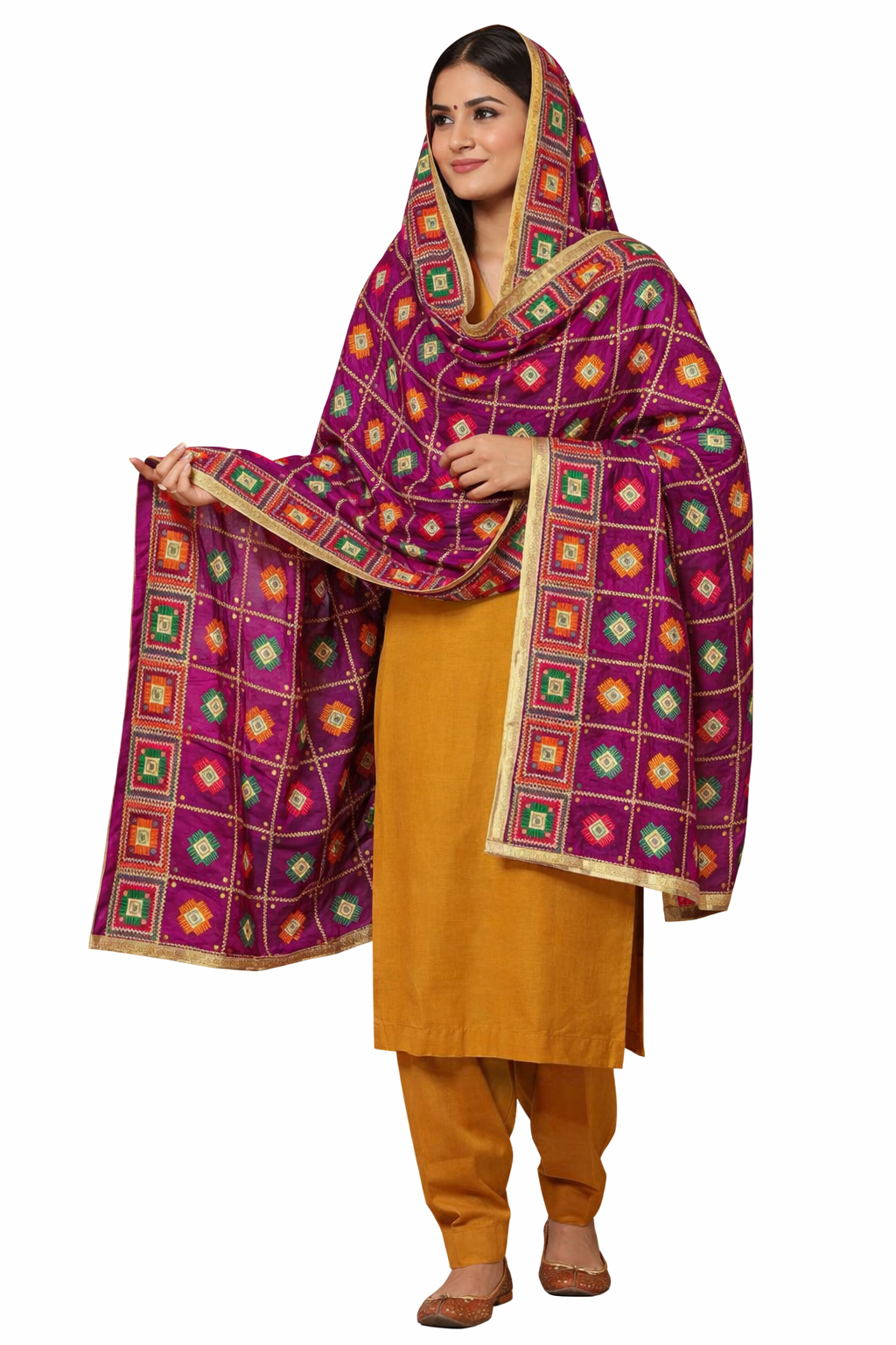 Rani Pink Phulkari Dupatta with Four Side Tissue Border – Chinon Silk Traditional Punjabi Designer Dupatta (2.25 Meters)