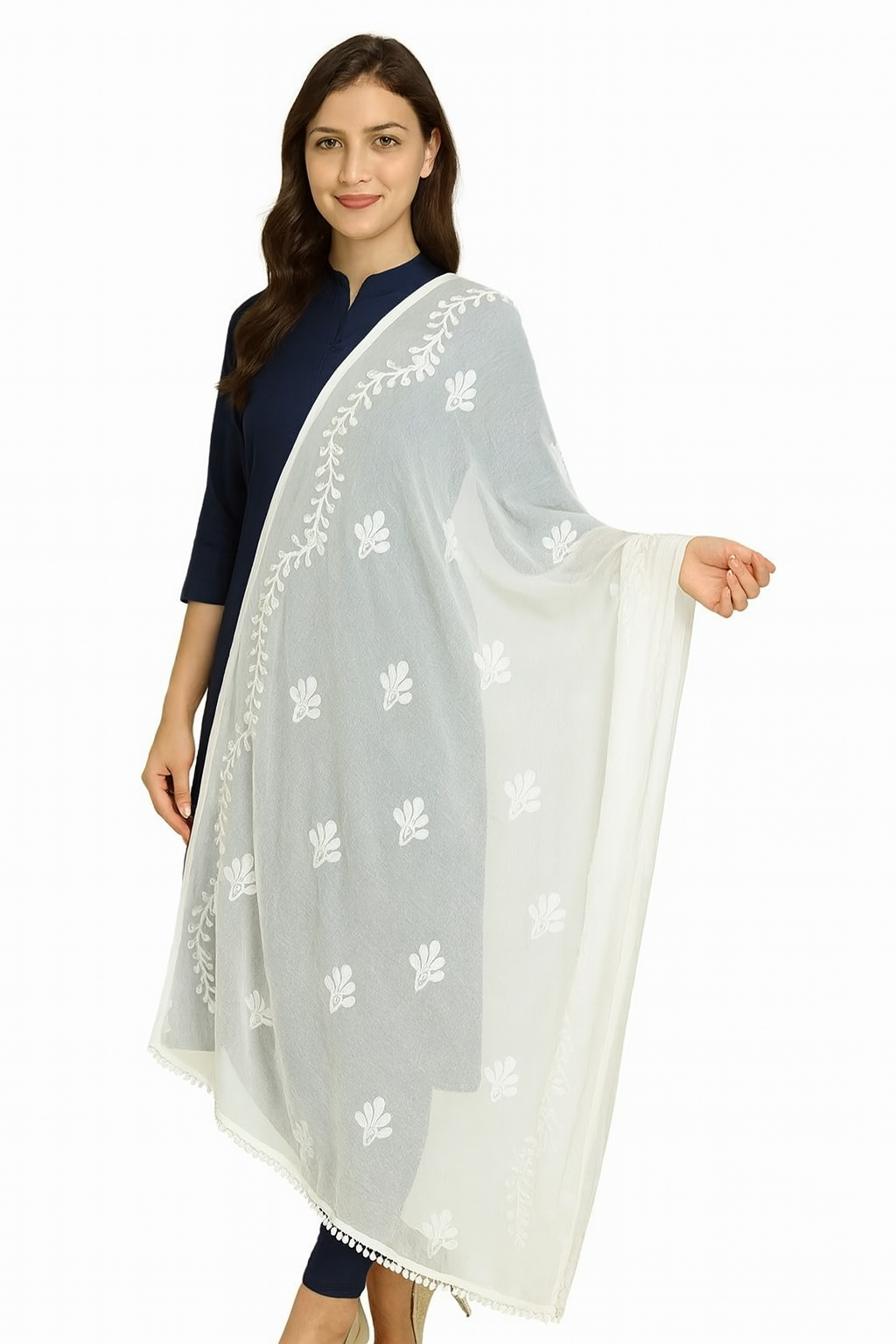 White Chiffon Embroidery Dupatta with Lace Work – 2.25 Meters