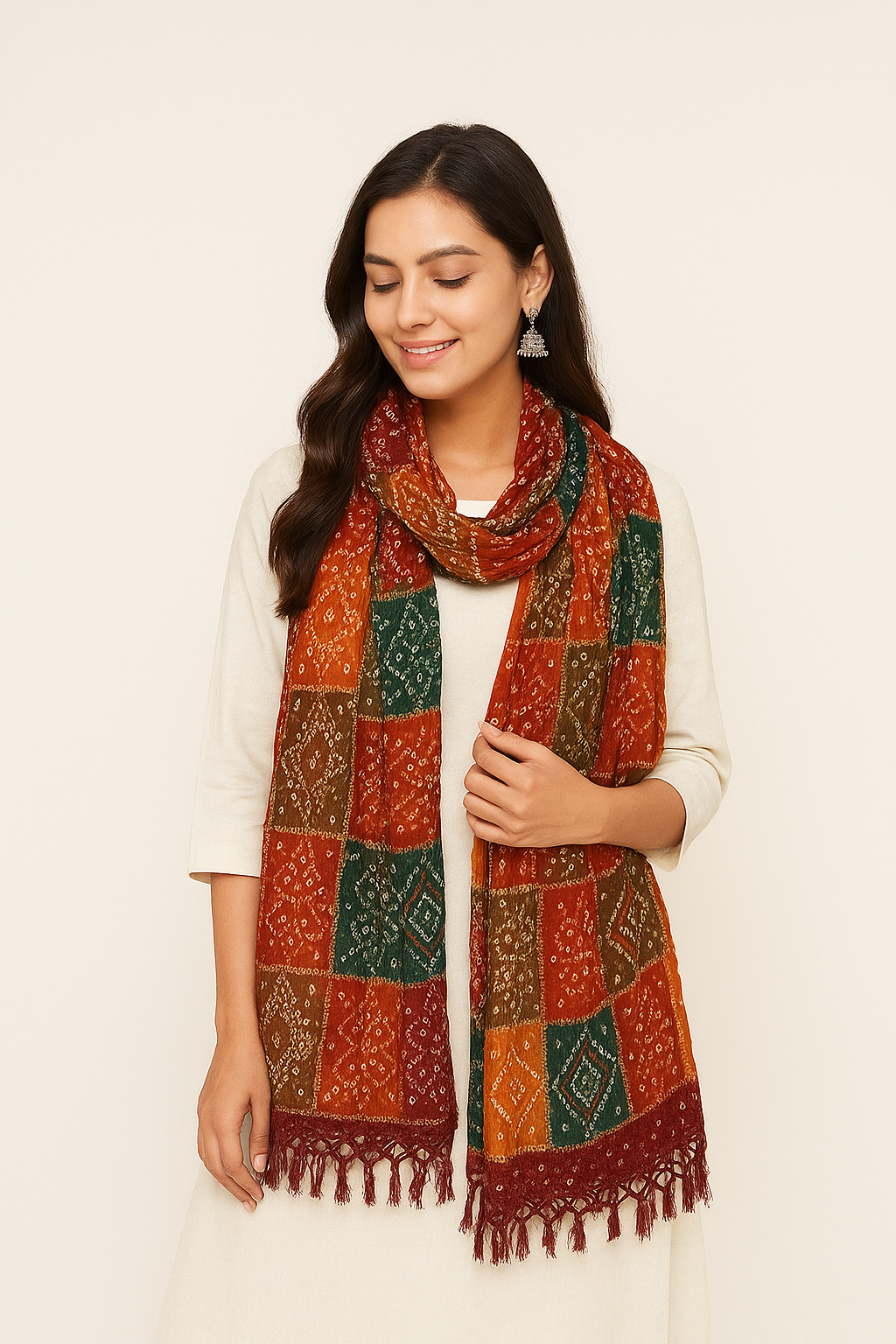 Multicolour Bandhani Printed Dupatta – Crushed Chinon Silk Lightweight Designer Dupatta (2.25 Meters)