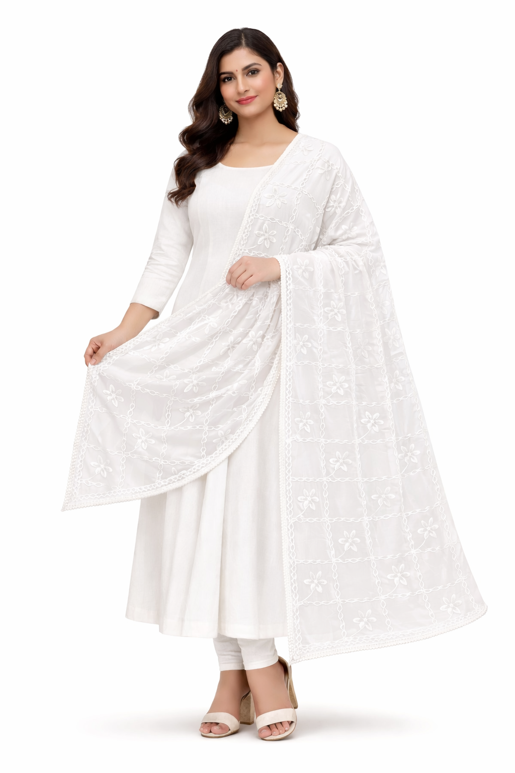 White Chiffon Embroidery Dupatta with Lace Work – 2.25 Meters