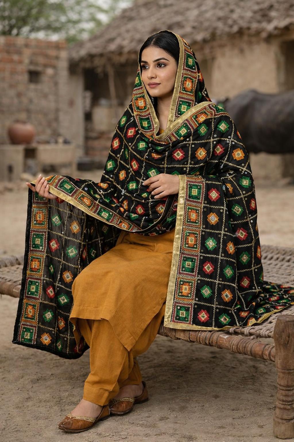 Black Phulkari Dupatta with Mirror Work and Four Side Tissue Border – Chinon Silk Traditional Designer Dupatta (2.25 Meters)