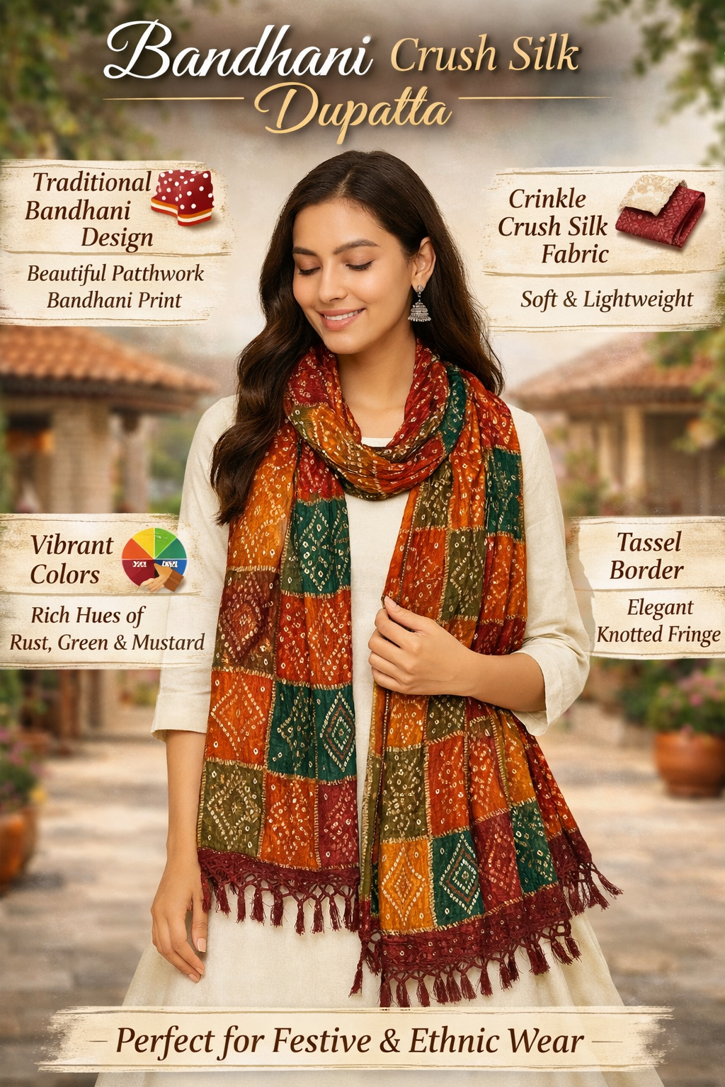Multicolour Bandhani Printed Dupatta – Crushed Chinon Silk Lightweight Designer Dupatta (2.25 Meters)