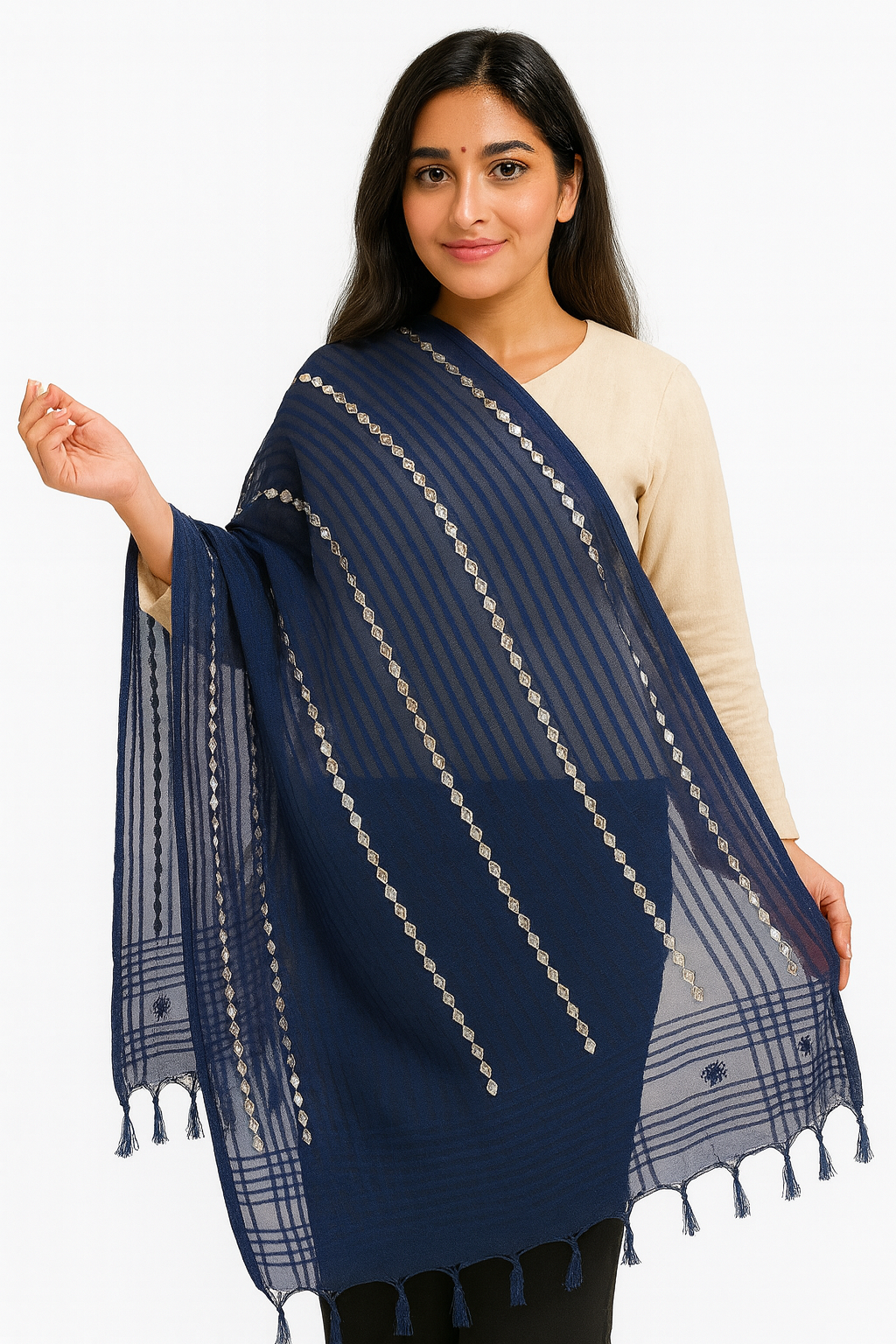 Royal Blue Organza Mirror Work Dupatta with Tassels – Lightweight 2.25 Meter