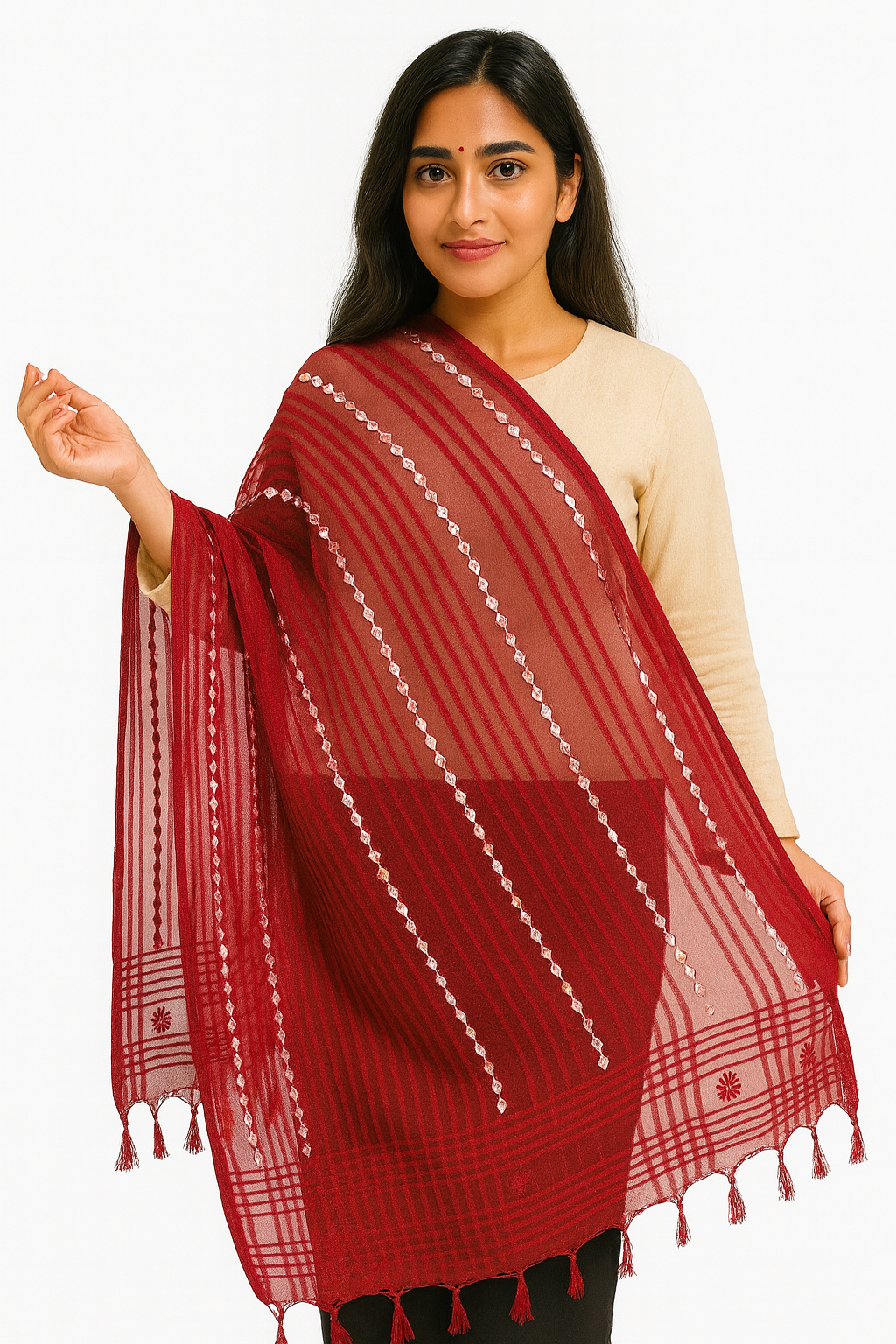 Maroon Organza Mirror Work Dupatta with Tassels – Lightweight Elegant Party Wear Dupatta (2.25 Meters) Product Description
