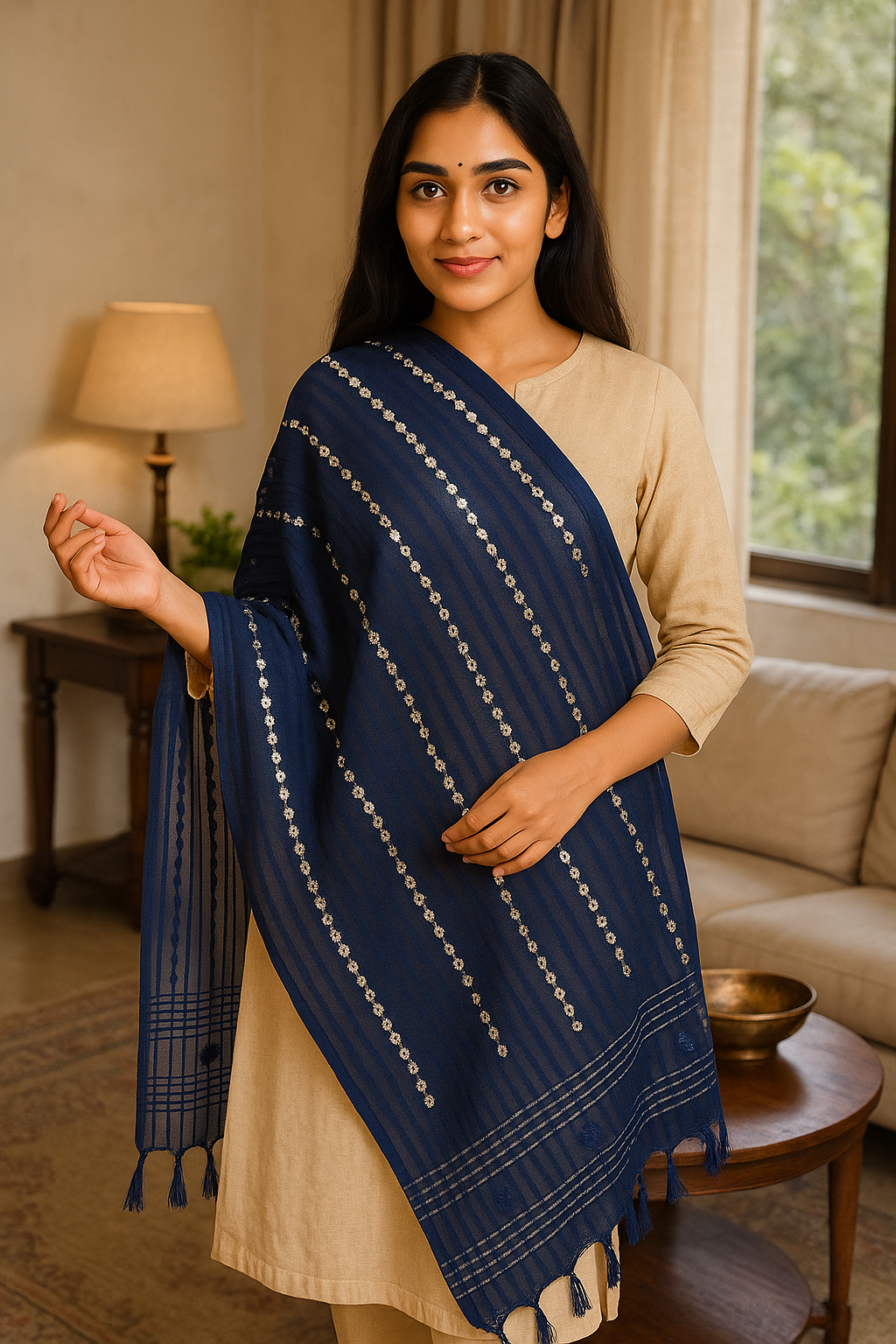 Royal Blue Organza Mirror Work Dupatta with Tassels – Lightweight 2.25 Meter