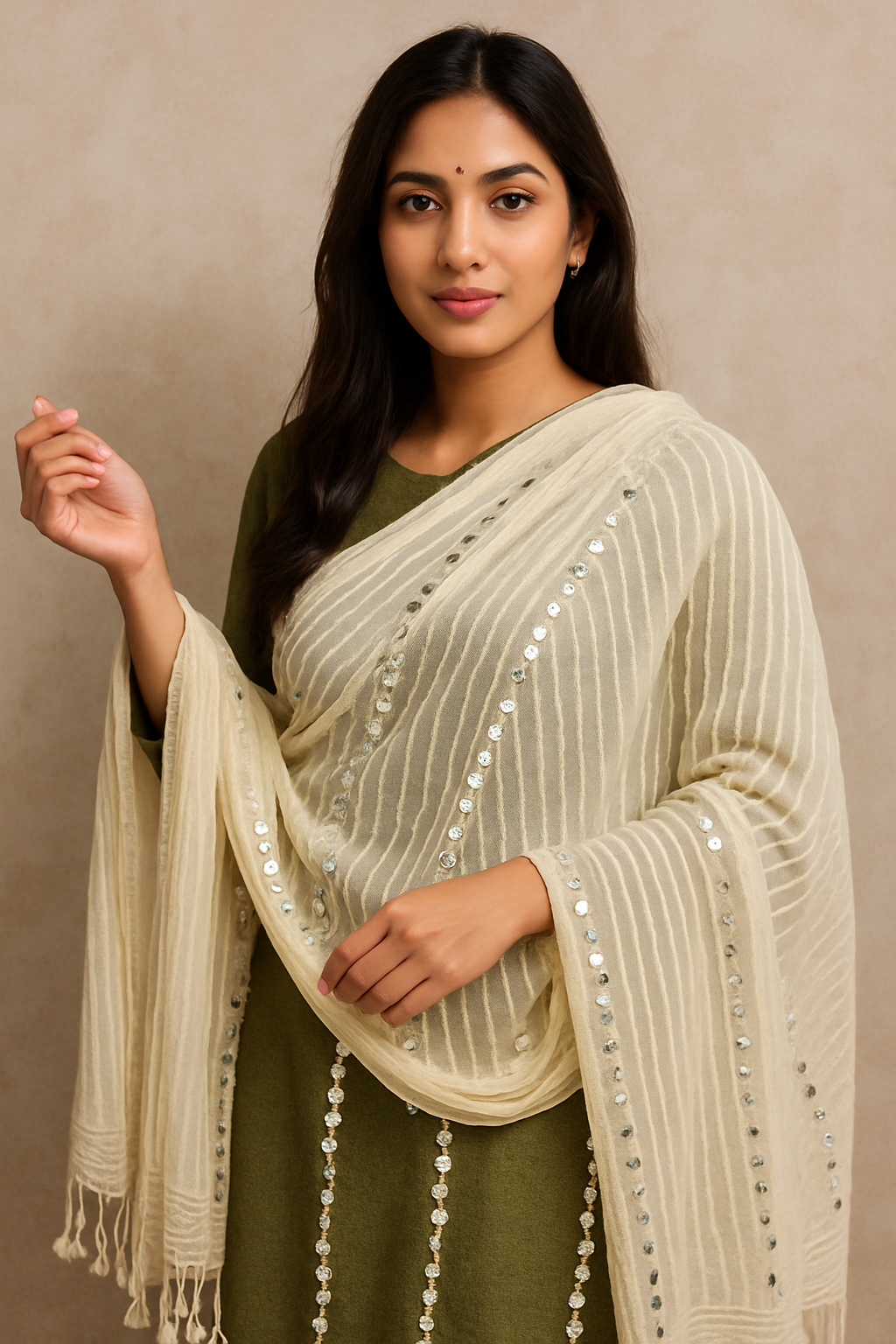 Beige Organza Mirror Work Dupatta with Tassels – Lightweight 2.25 Meter