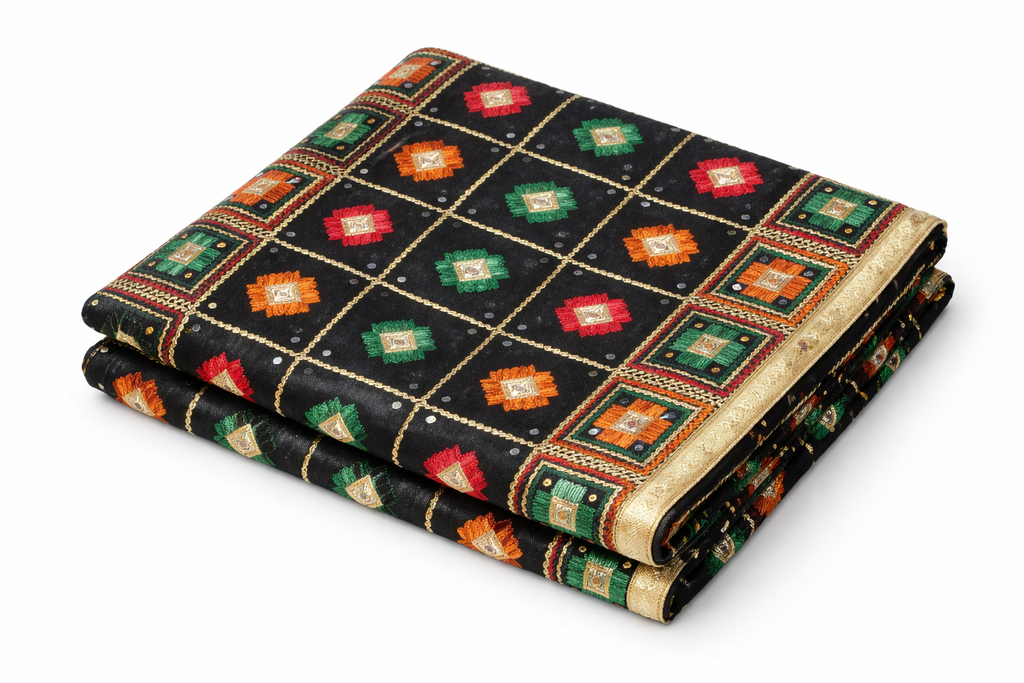 Black Phulkari Dupatta with Mirror Work and Four Side Tissue Border – Chinon Silk Traditional Designer Dupatta (2.25 Meters)