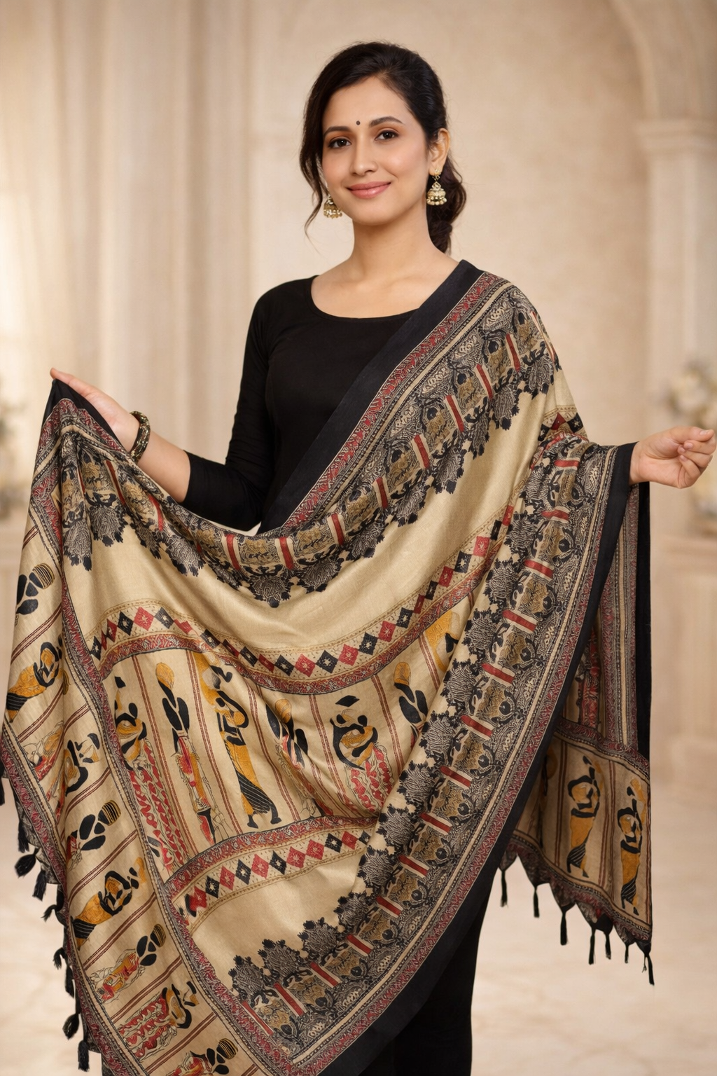 Beige Art Silk Printed Dupatta with Traditional Ethnic Motifs – Lightweight Designer Dupatta (2.25 Meters)