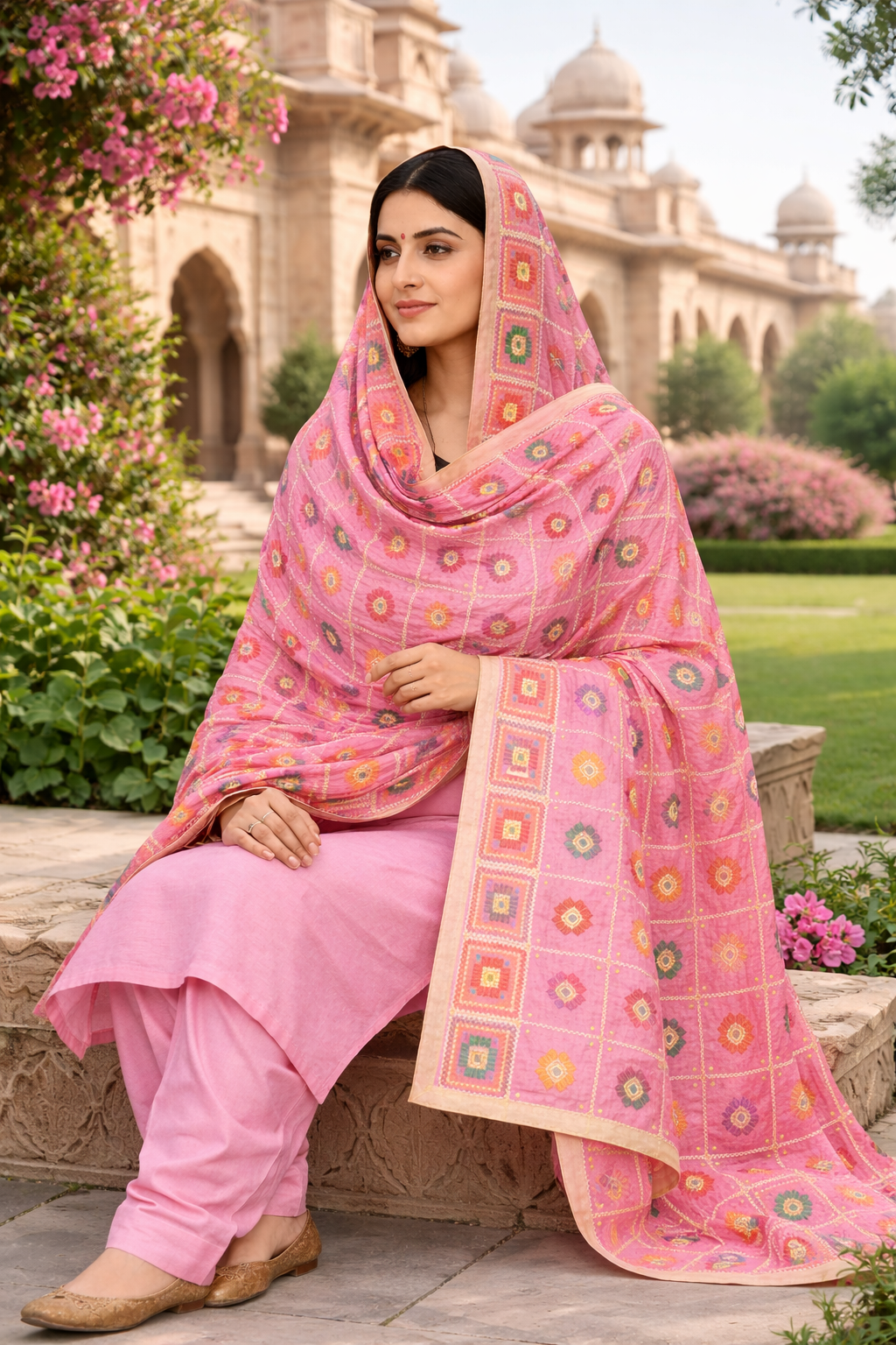 Pink Phulkari Dupatta with Multicolour Embroidery | Chinon Silk | Four Side Tissue | 2.25 Meters