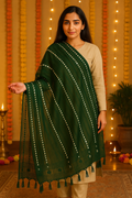 Bottle Green Organza Mirror Work Dupatta with Tassels – Lightweight 2.25 Meter