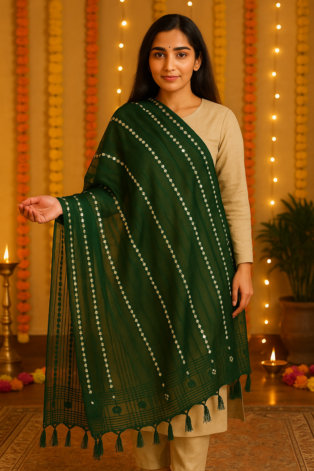 Bottle Green Organza Mirror Work Dupatta with Tassels – Lightweight 2.25 Meter