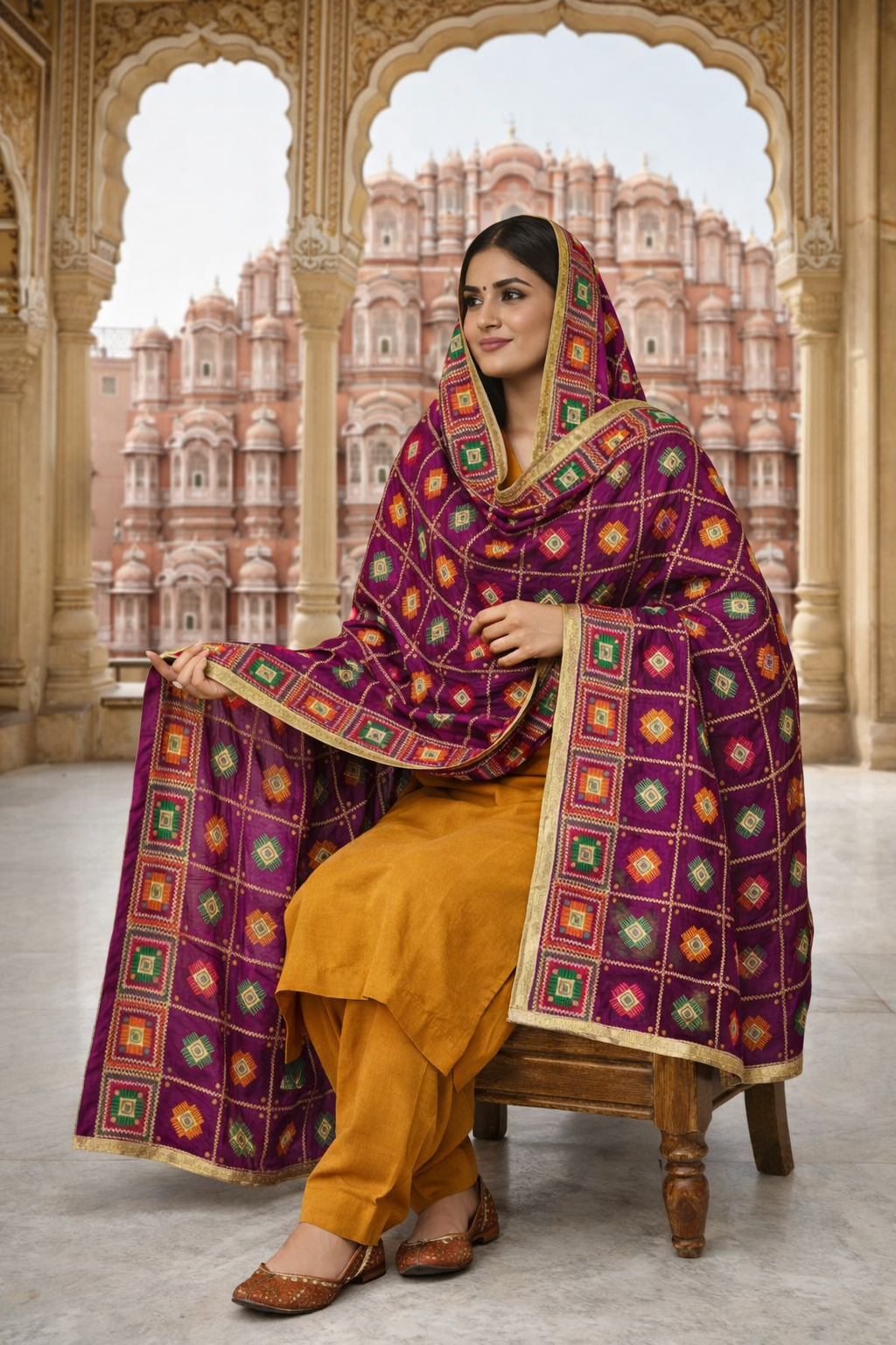 Rani Pink Phulkari Dupatta with Four Side Tissue Border – Chinon Silk Traditional Punjabi Designer Dupatta (2.25 Meters)