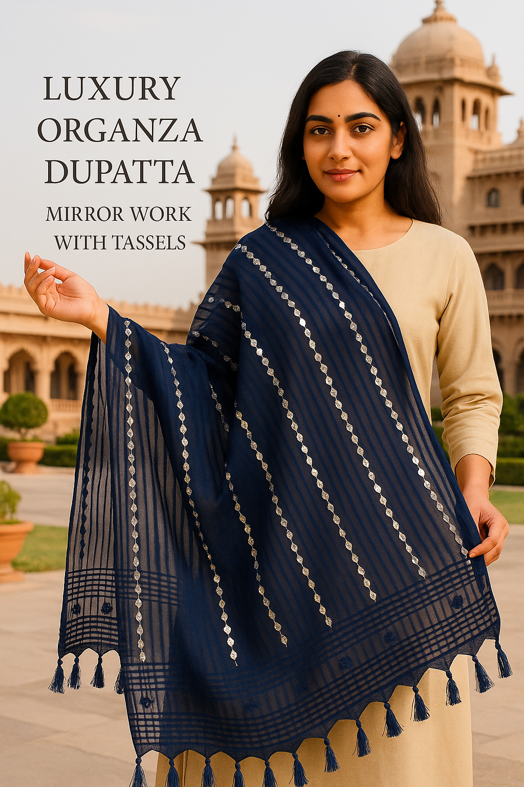 Royal Blue Organza Mirror Work Dupatta with Tassels – Lightweight 2.25 Meter