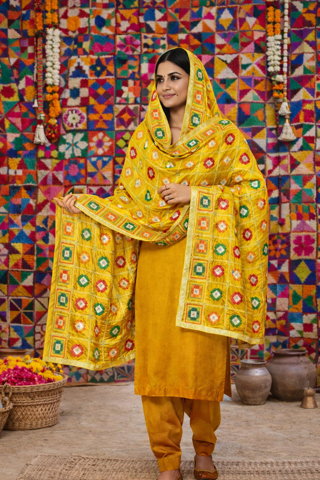 Yellow Multicolour Phulkari Dupatta with Tissue Border