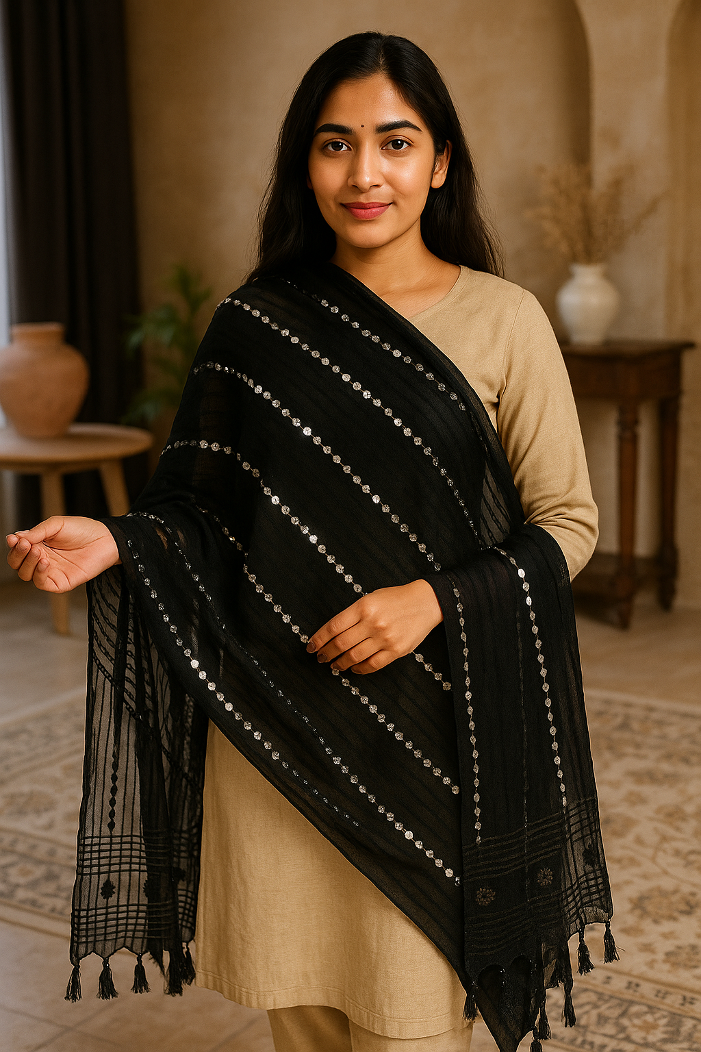 Black Organza Mirror Work Dupatta with Tassels – Lightweight 2.25 Meter