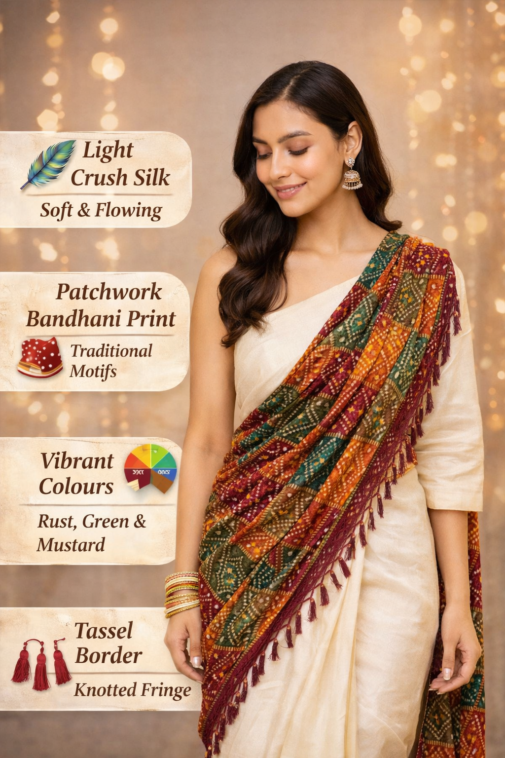 Multicolour Bandhani Printed Dupatta – Crushed Chinon Silk Lightweight Designer Dupatta (2.25 Meters)