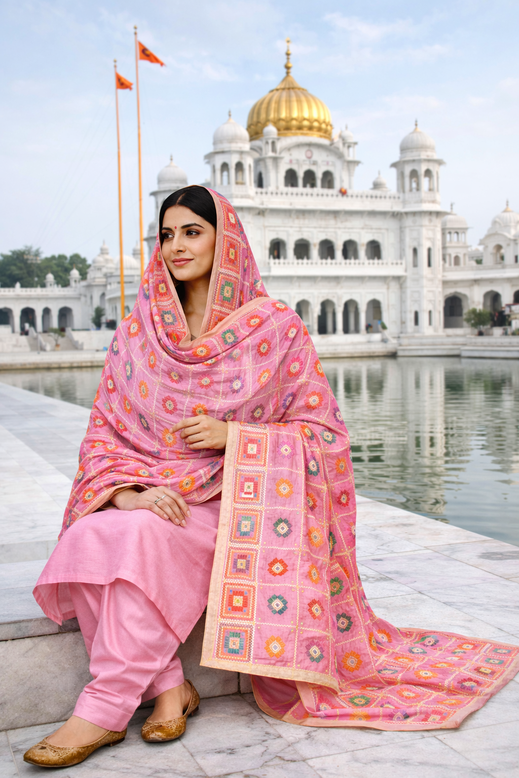 Pink Phulkari Dupatta with Multicolour Embroidery | Chinon Silk | Four Side Tissue | 2.25 Meters