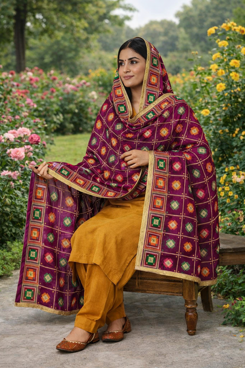 Rani Pink Phulkari Dupatta with Four Side Tissue Border – Chinon Silk Traditional Punjabi Designer Dupatta (2.25 Meters)