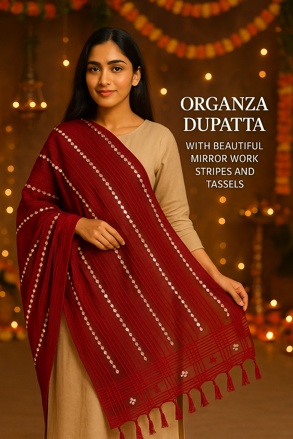 Maroon Organza Mirror Work Dupatta with Tassels – Lightweight Elegant Party Wear Dupatta (2.25 Meters) Product Description