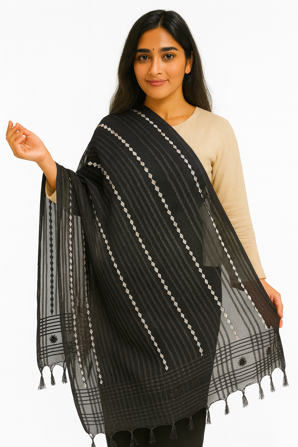 Black Organza Mirror Work Dupatta with Tassels – Lightweight 2.25 Meter