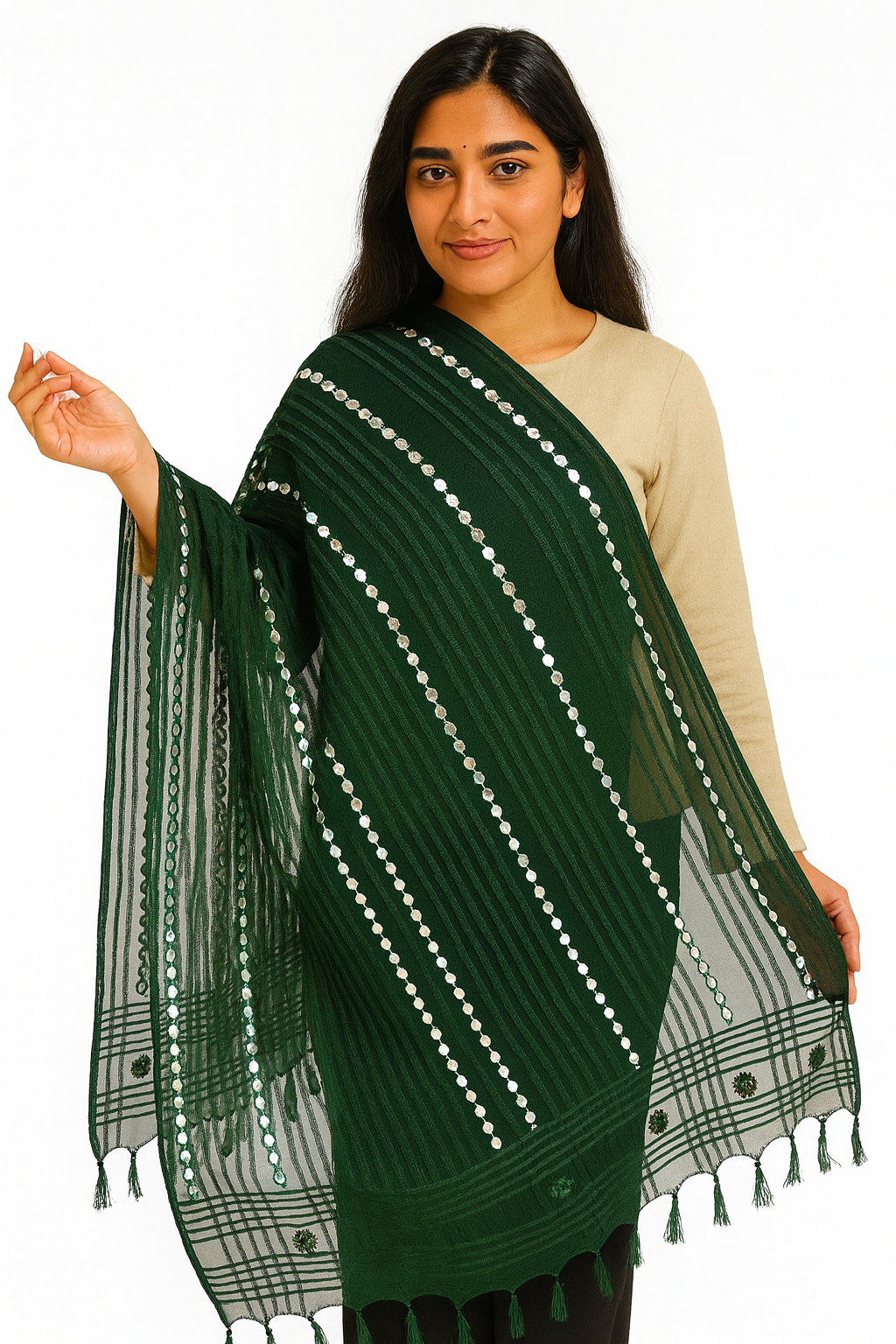 Bottle Green Organza Mirror Work Dupatta with Tassels – Lightweight 2.25 Meter