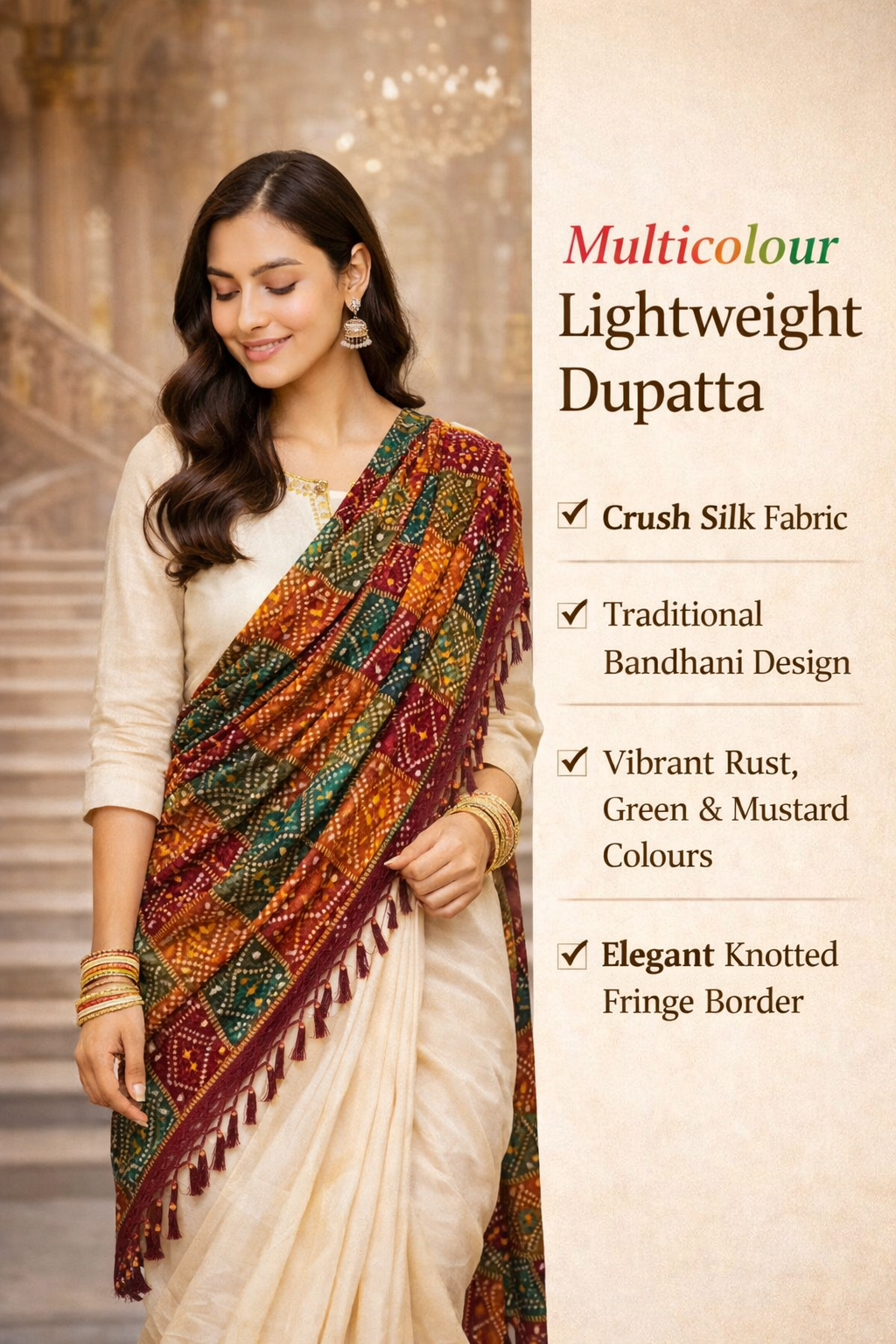Multicolour Bandhani Printed Dupatta – Crushed Chinon Silk Lightweight Designer Dupatta (2.25 Meters)