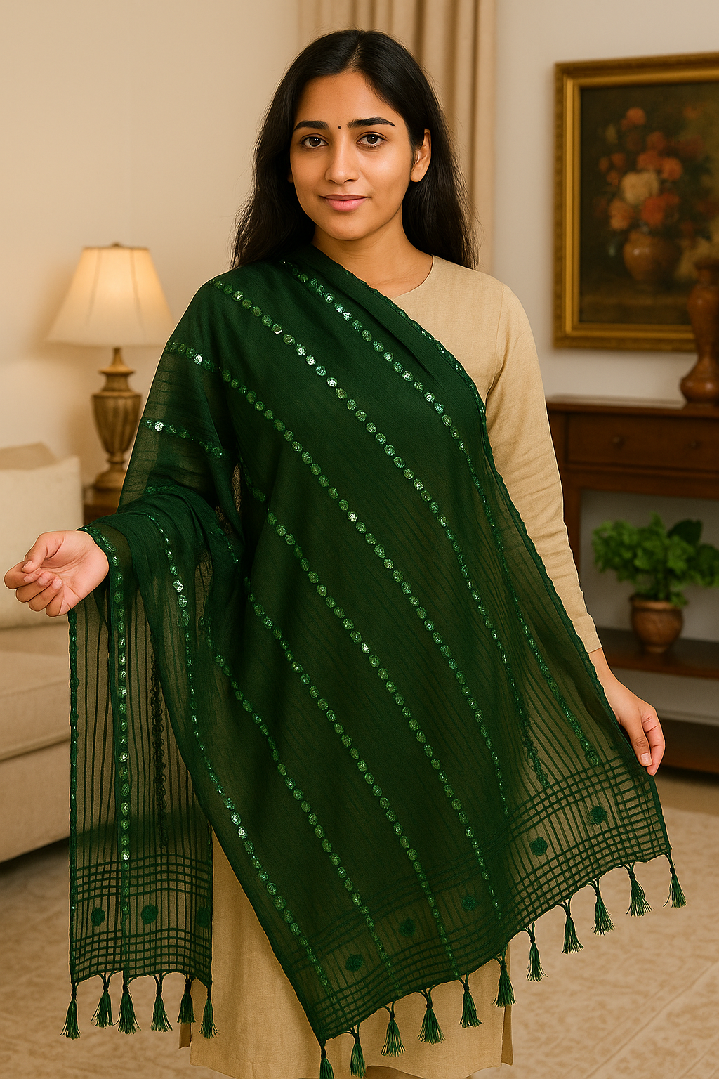 Bottle Green Organza Mirror Work Dupatta with Tassels – Lightweight 2.25 Meter