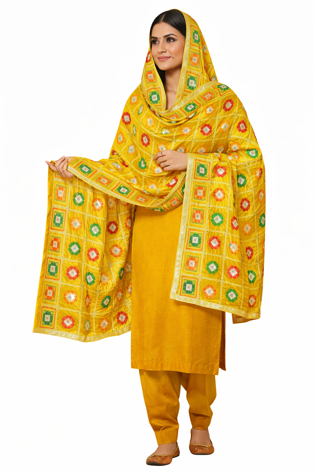 Yellow Multicolour Phulkari Dupatta with Tissue Border