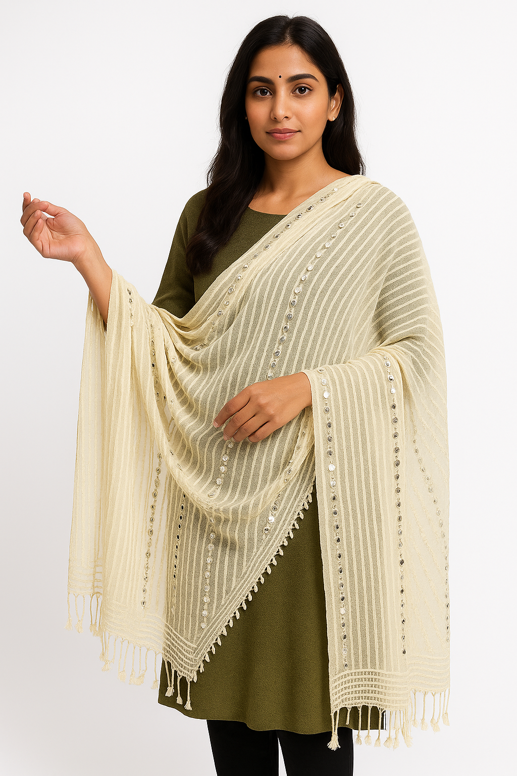 Beige Organza Mirror Work Dupatta with Tassels – Lightweight 2.25 Meter